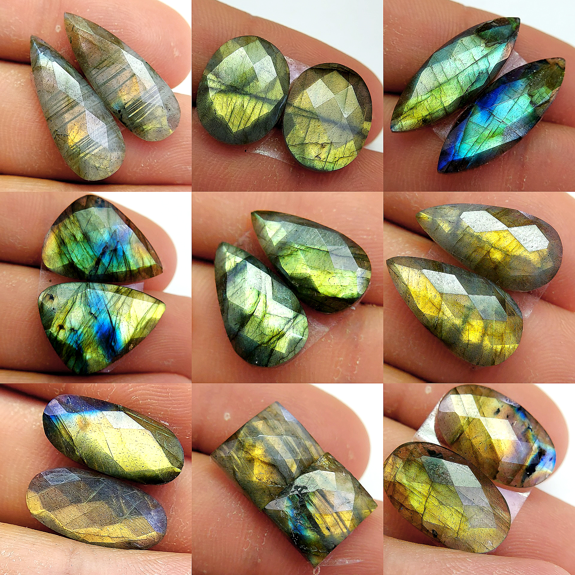 9 Pair 119 Cts Natural Labradorite Cabochon Loose Gemstone Jewelry Wire Wrapped Pendant Semi-Precious Healing Crystal Lots 24X9 12X10mm 13064