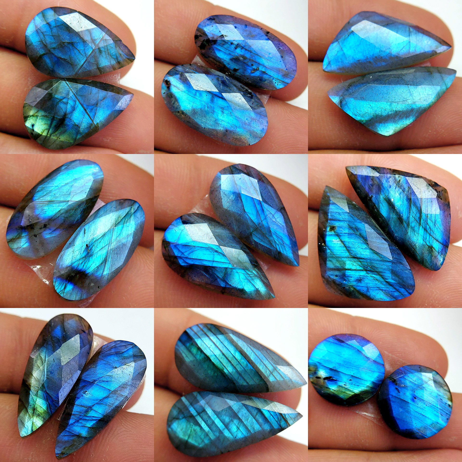 9 Pair 176 Cts Natural Labradorite Cabochon Loose Gemstone Jewelry Wire Wrapped Pendant Semi-Precious Healing Crystal Lots 25x11 17x17 mm 13070