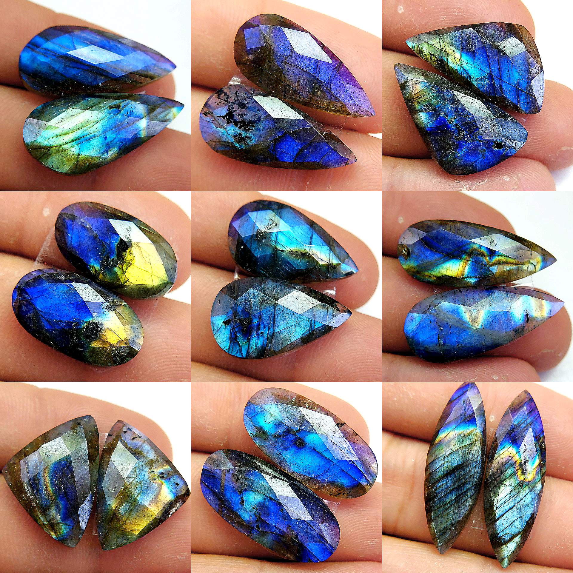 9 Pair 188 Cts Natural Labradorite Cabochon Loose Gemstone Jewelry Wire Wrapped Pendant Semi-Precious Healing Crystal Lots 30x9 18x10 mm 13072