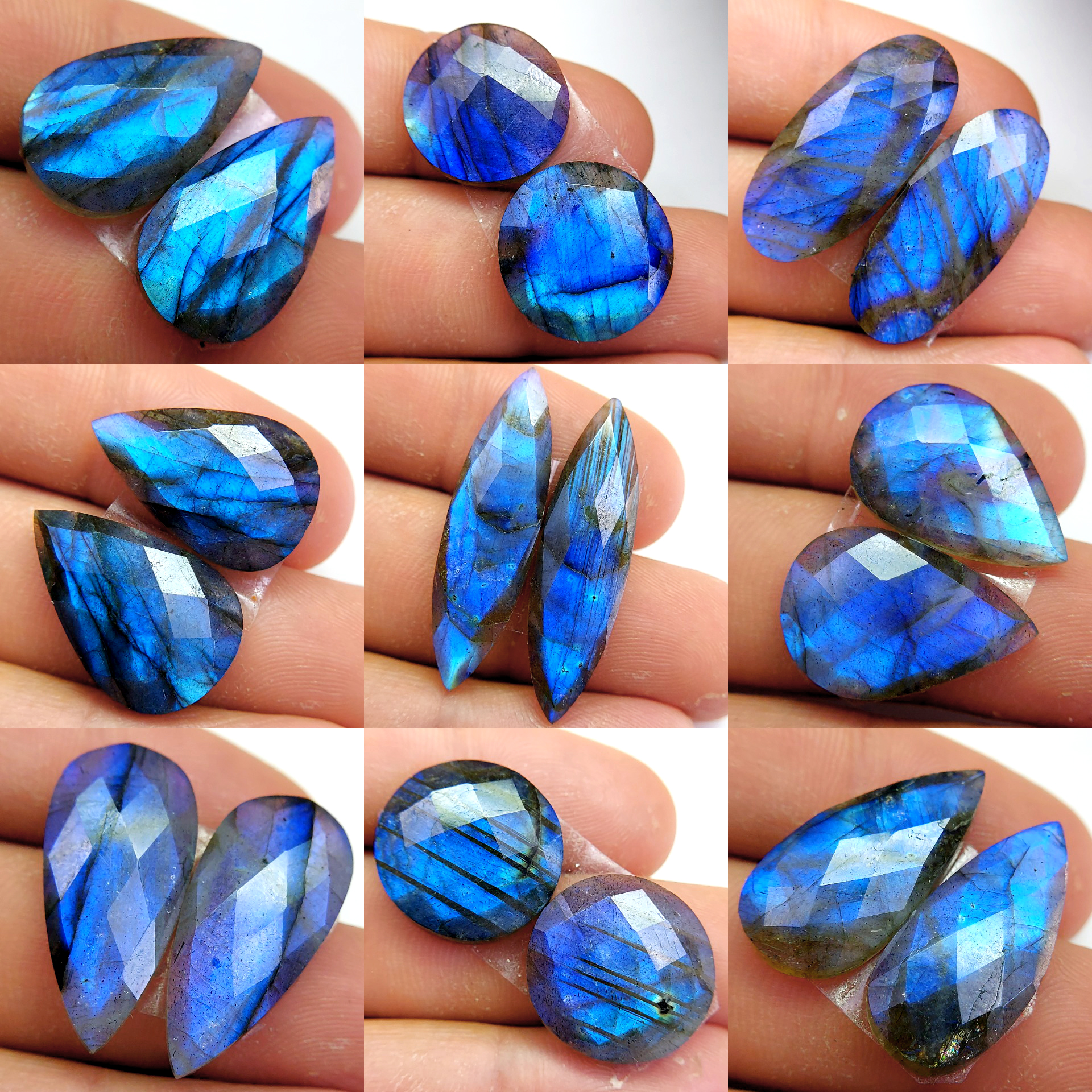 9 Pair 197 Cts Natural Labradorite Cabochon Loose Gemstone Jewelry Wire Wrapped Pendant Semi-Precious Healing Crystal Lots 33x8 16x16 mm 13074