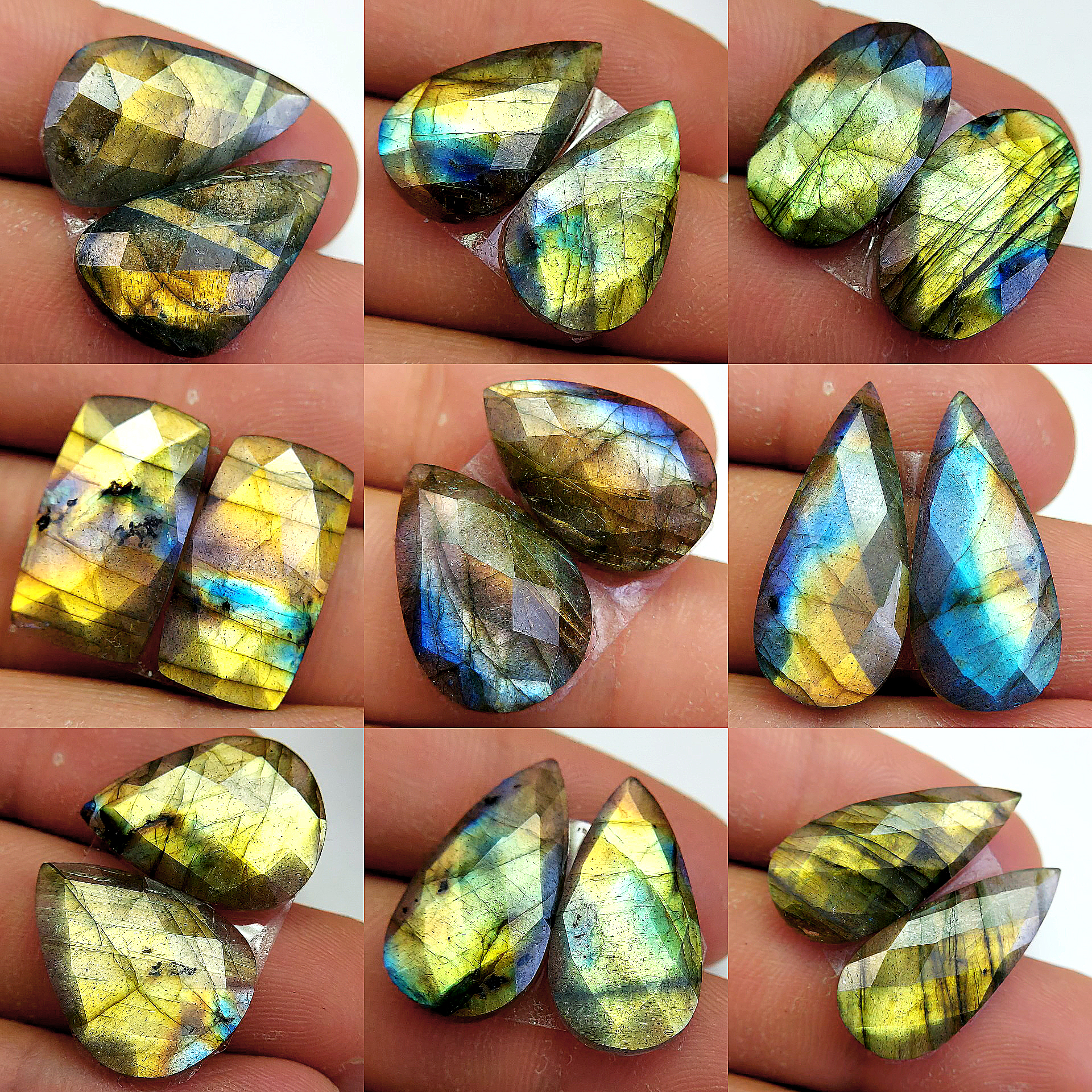 9 Pair 164 Cts Natural Labradorite Cabochon Loose Gemstone Jewelry Wire Wrapped Pendant Semi-Precious Healing Crystal Lots 25x10 19x10 mm 13075