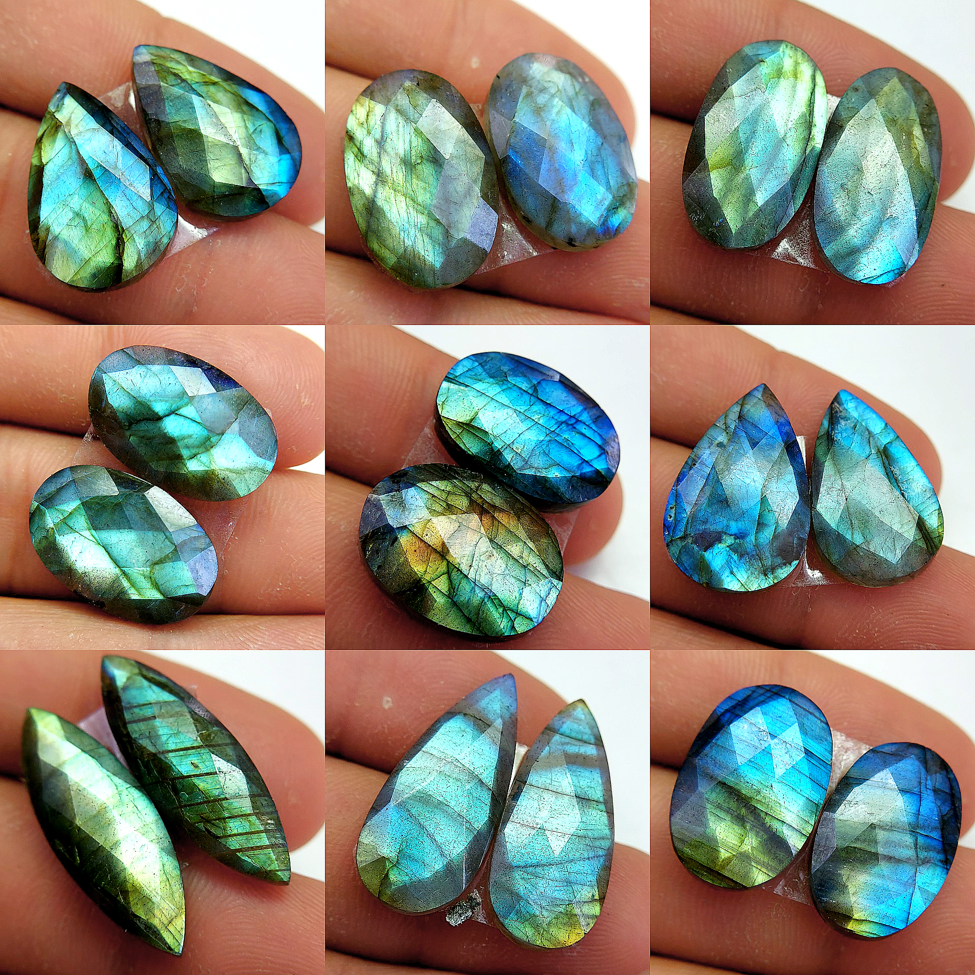 9 Pair 199 Cts Natural Labradorite Cabochon Loose Gemstone Jewelry Wire Wrapped Pendant Semi-Precious Healing Crystal Lots 27x9 19x12 mm 13076
