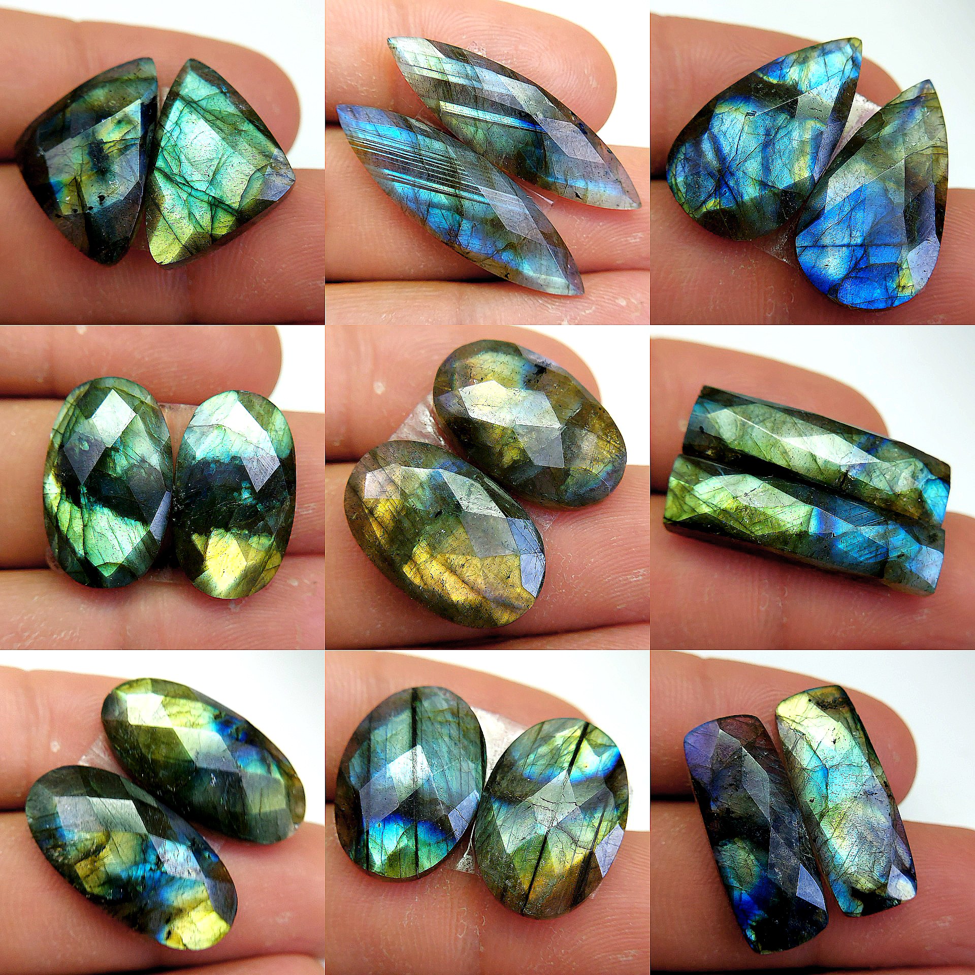 9 Pair 193 Cts Natural Labradorite Cabochon Loose Gemstone Jewelry Wire Wrapped Pendant Semi-Precious Healing Crystal Lots 32x9 19x12 mm R-13083