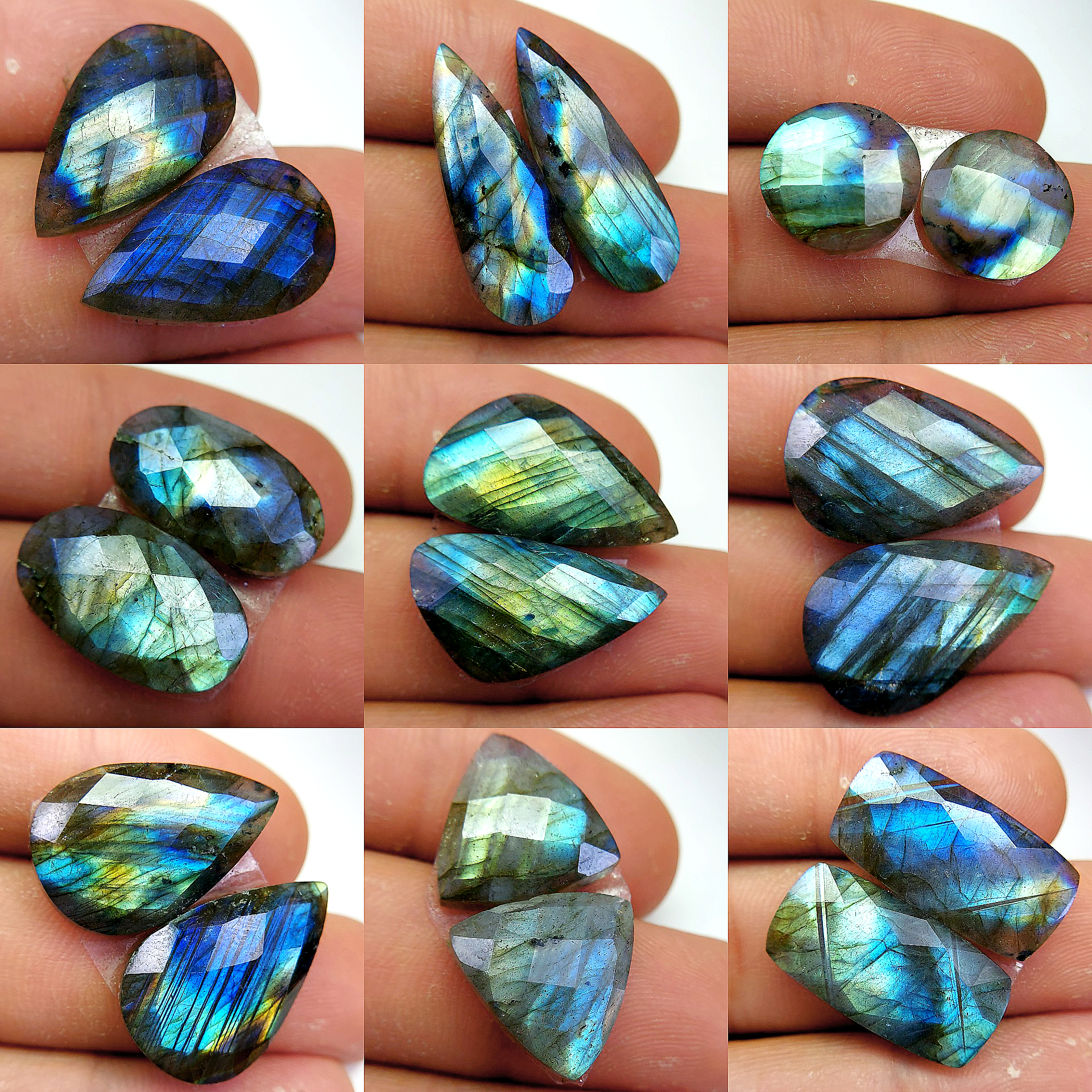 9 Pair 181 Cts Natural Labradorite Cabochon Loose Gemstone Jewelry Wire Wrapped Pendant Semi-Precious Healing Crystal Lots 26x9 14x14 mm 13084