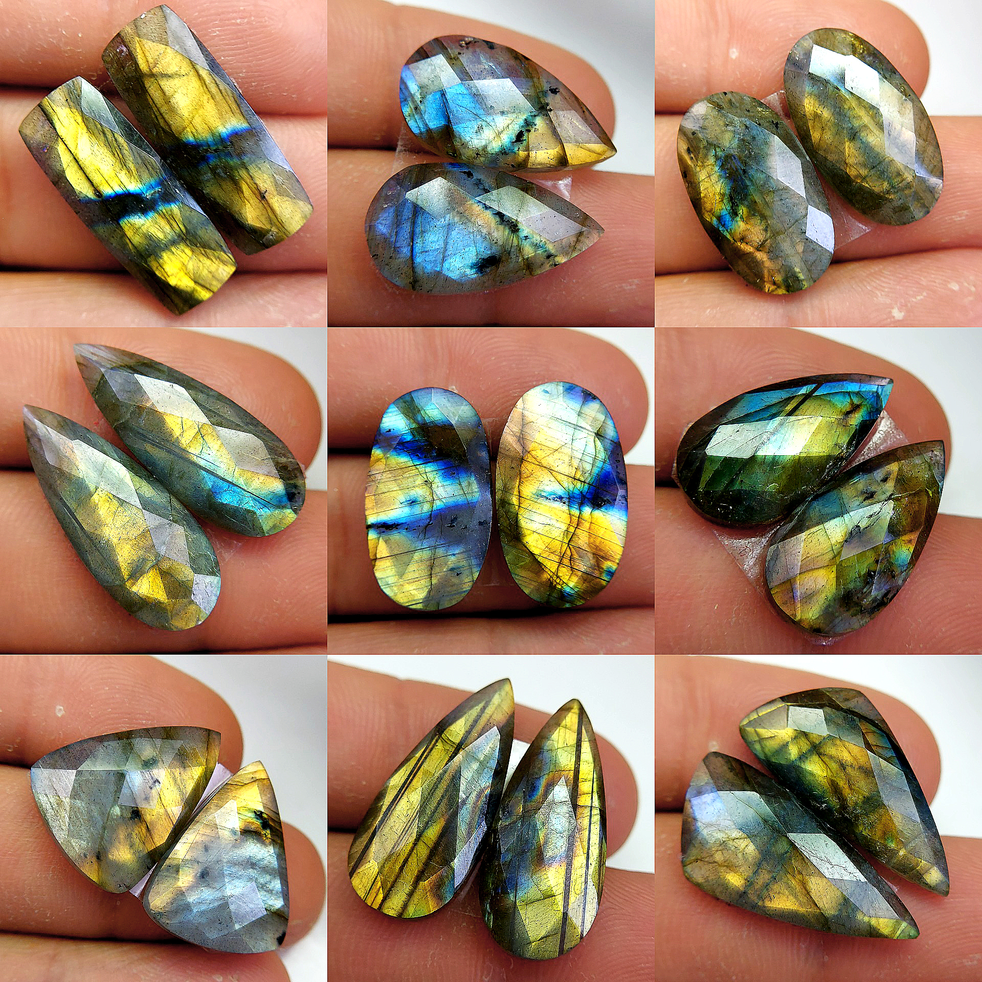 9 Pair 172 Cts Natural Labradorite Cabochon Loose Gemstone Jewelry Wire Wrapped Pendant Semi-Precious Healing Crystal Lots 25x10 19x10 mm 13085
