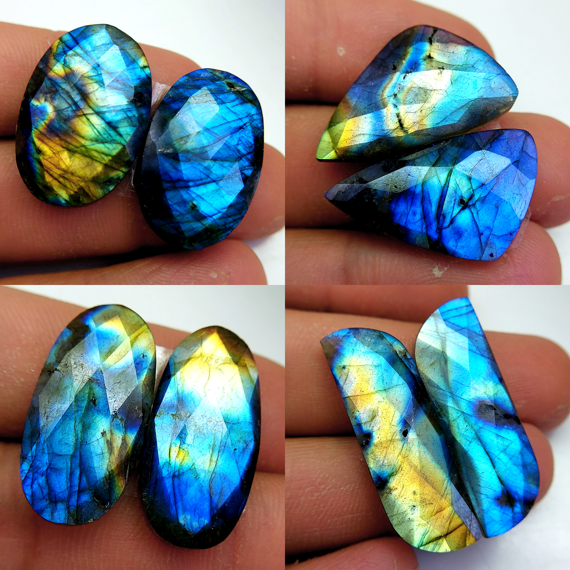 4 Pair 130 Cts Natural Labradorite Cabochon Loose Gemstone Jewelry Wire Wrapped Pendant Semi-Precious Healing Crystal Lots 32x10 25x17mm 13090
