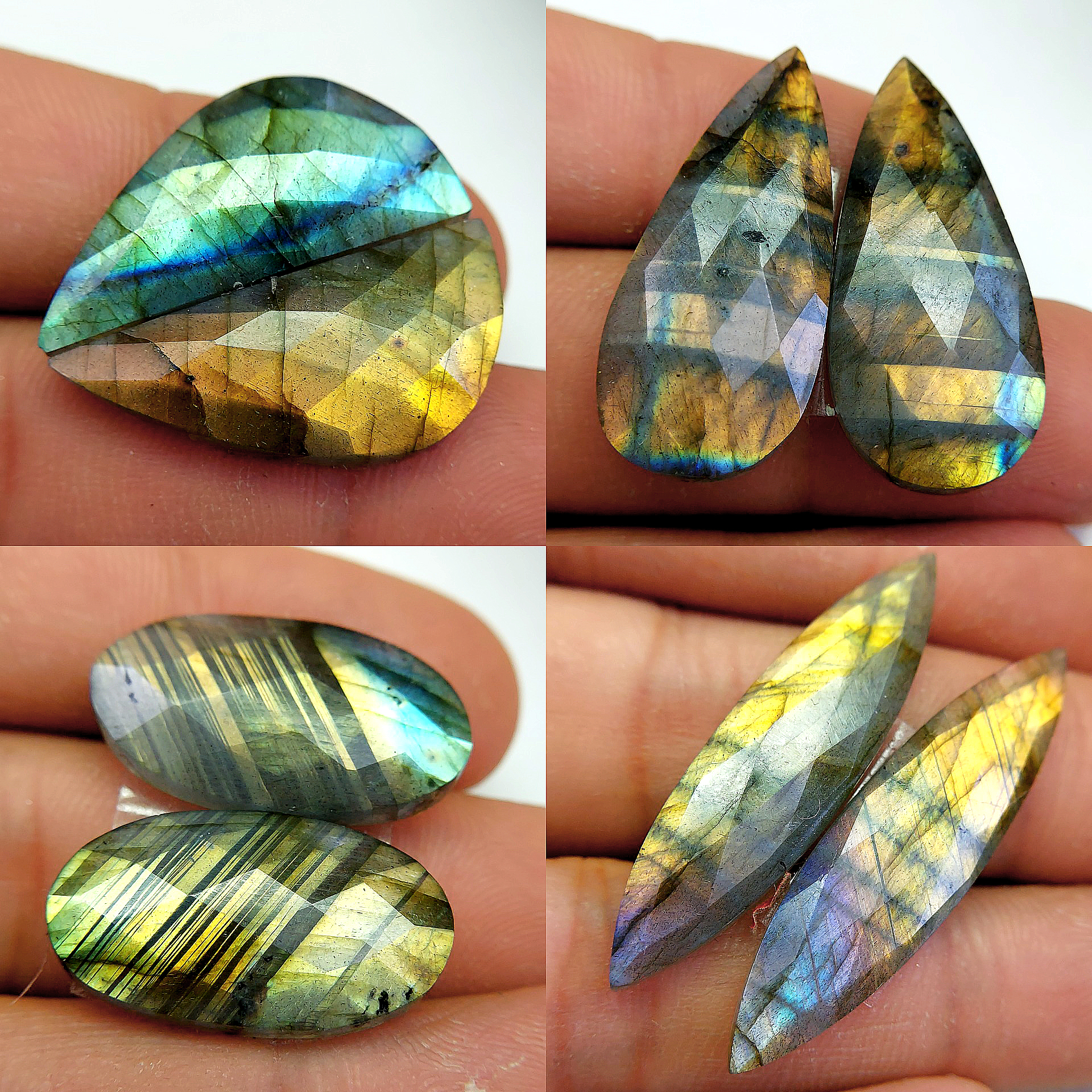 4 Pair 106 Cts Natural Labradorite Cabochon Loose Gemstone Jewelry Wire Wrapped Pendant Semi-Precious Healing Crystal Lots 37x9 28x13mm 13104