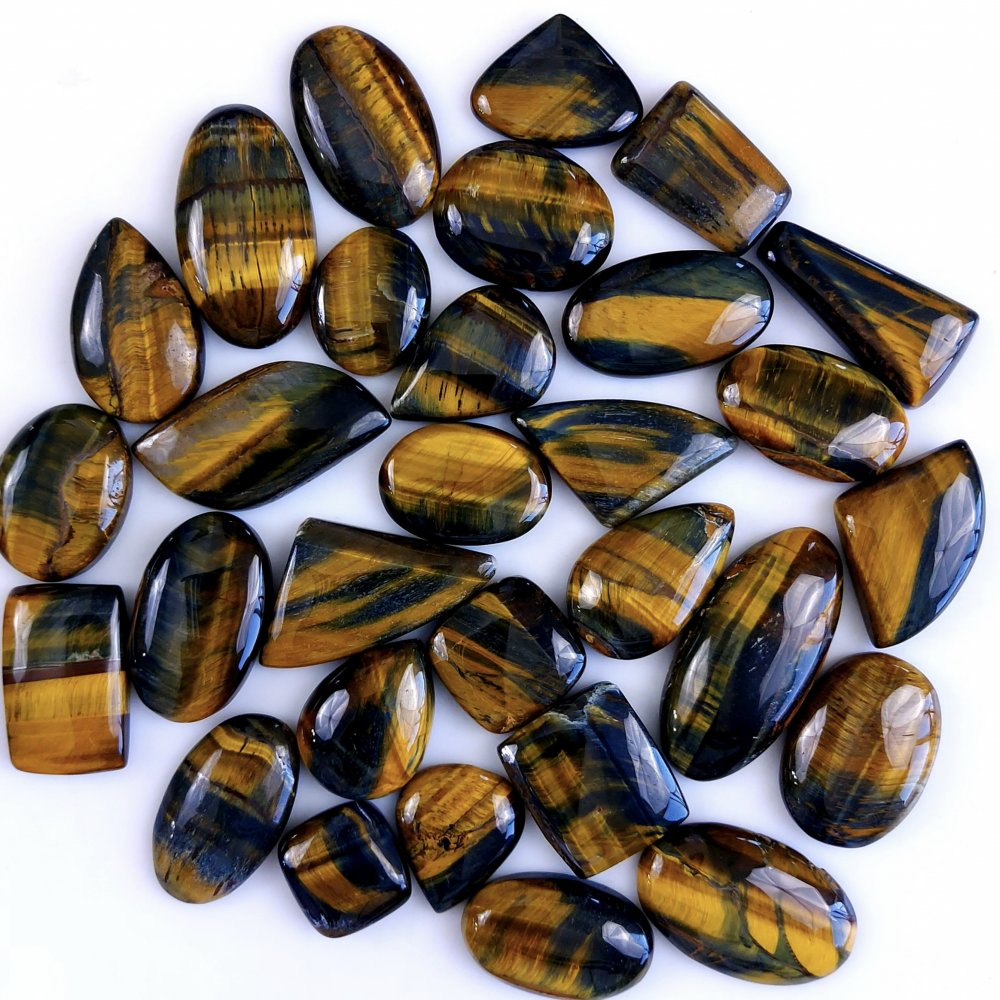 30Pcs 733Cts Natural Tiger Eye Loose Cabochon Gemstone Lot Mix Shape and and Size for Jewelry Making 48x18 16x16mm#1314