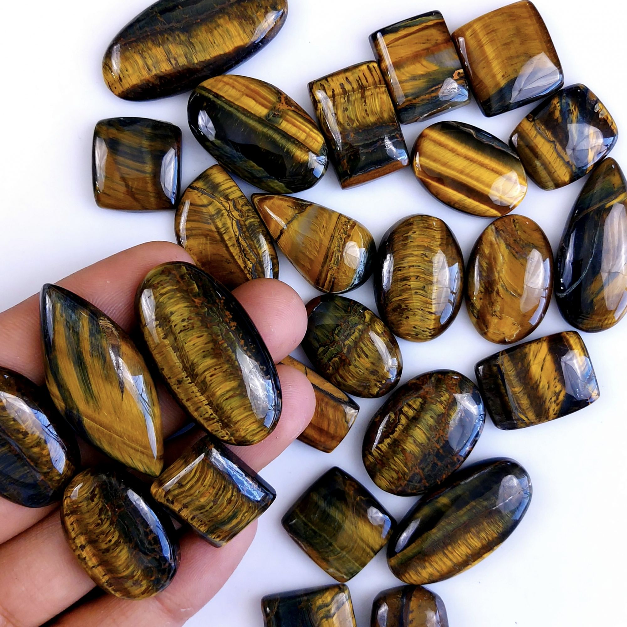 26Pcs 690Cts Natural Tiger Eye Loose Cabochon Gemstone Lot Mix Shape and and Size for Jewelry Making 38x20 20x15mm#1316
