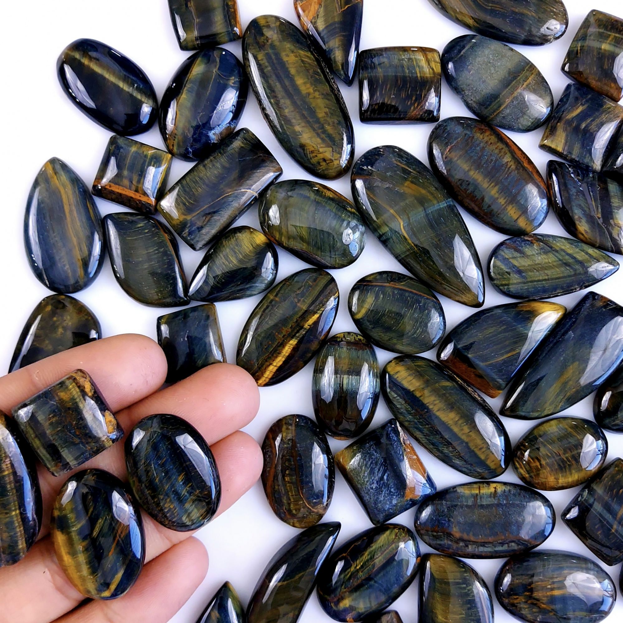 50Pcs 1293Cts Natural Tiger Eye Loose Cabochon Gemstone Lot Mix Shape and and Size for Jewelry Making 45x20 24x14mm#1318