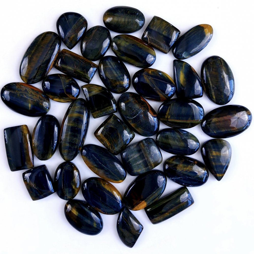 34Pcs 918Cts Natural Tiger Eye Loose Cabochon Gemstone Lot Mix Shape and and Size for Jewelry Making 40x15 25x15mm#1321