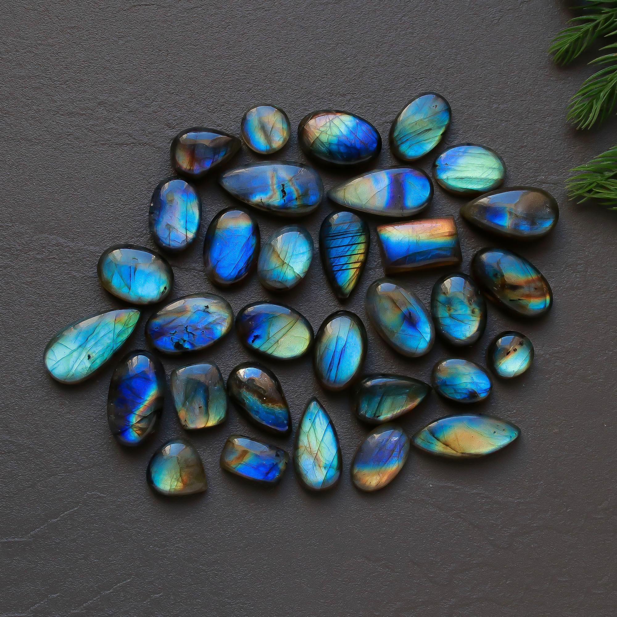 32 Pcs 156 Cts  Natural Labradorite Cabochon Loose Gemstone Jewelry Semi-Precious Healing Crystal Lots 7x7-18x9mm 13299