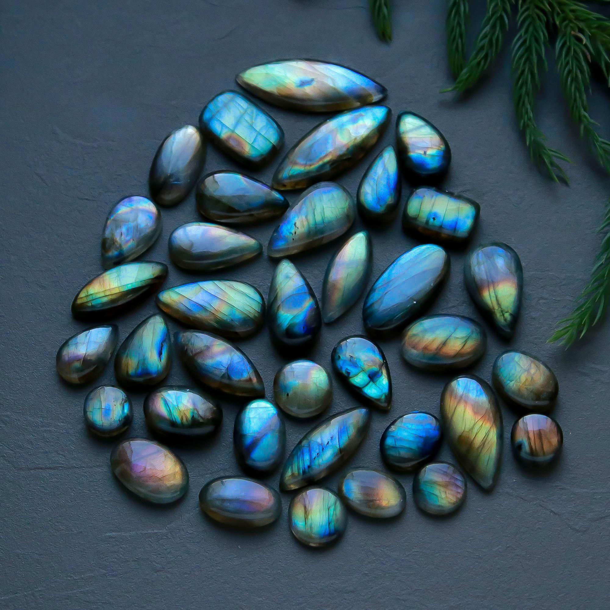 36 Pcs 267 Cts  Natural Labradorite Cabochon Loose Gemstone Jewelry Semi-Precious Healing Crystal Lots 9x9-31x11mm 13304