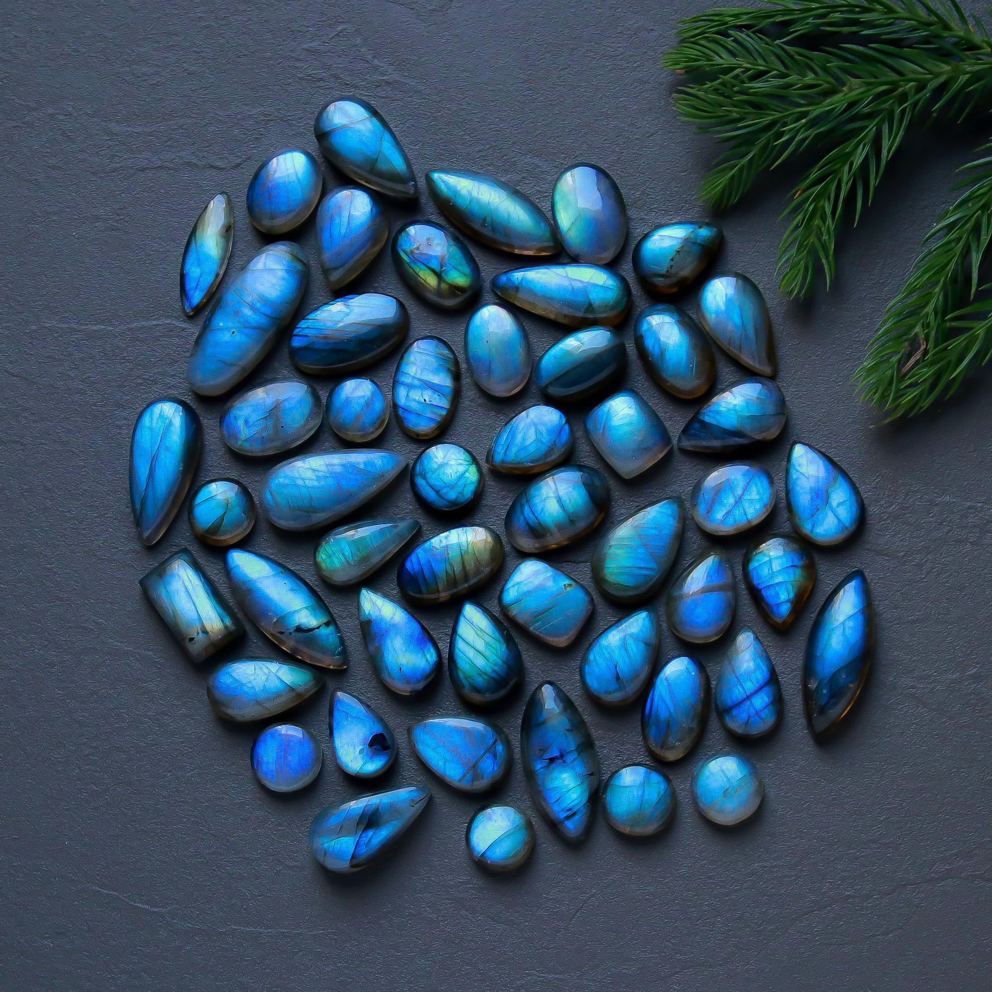 51 Pcs 237 Cts  Natural Labradorite Cabochon Loose Gemstone Jewelry Semi-Precious Healing Crystal Lots 7x7-23x9mm 13309