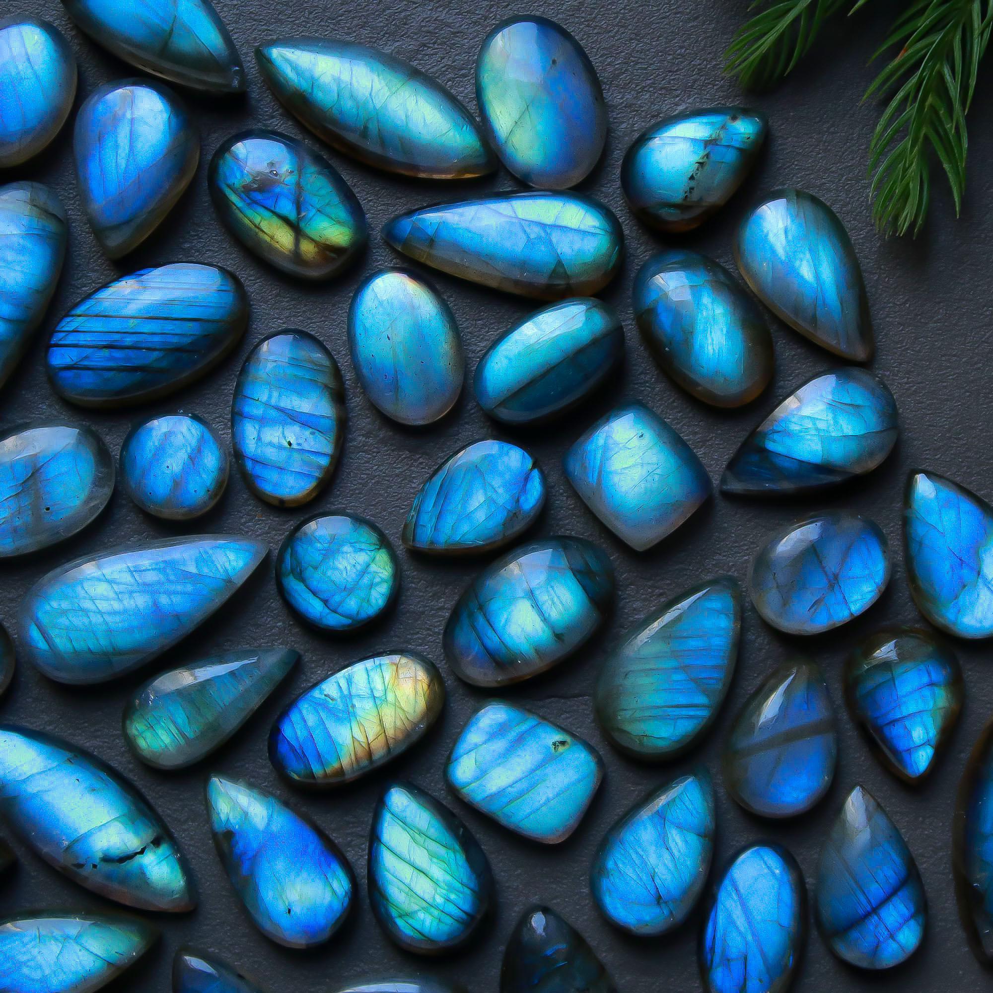 51 Pcs 237 Cts  Natural Labradorite Cabochon Loose Gemstone Jewelry Semi-Precious Healing Crystal Lots 7x7-23x9mm 13309