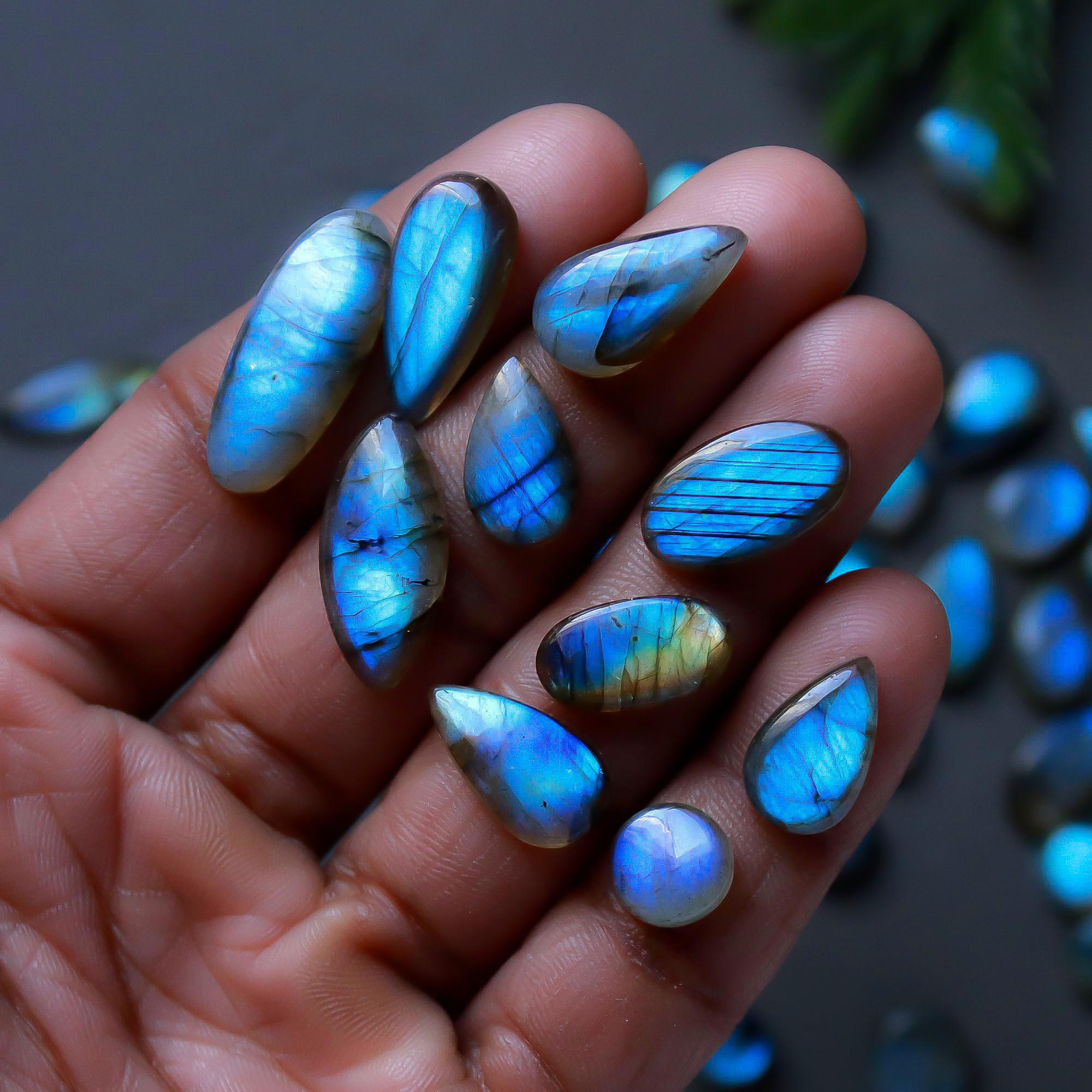 51 Pcs 237 Cts  Natural Labradorite Cabochon Loose Gemstone Jewelry Semi-Precious Healing Crystal Lots 7x7-23x9mm 13309