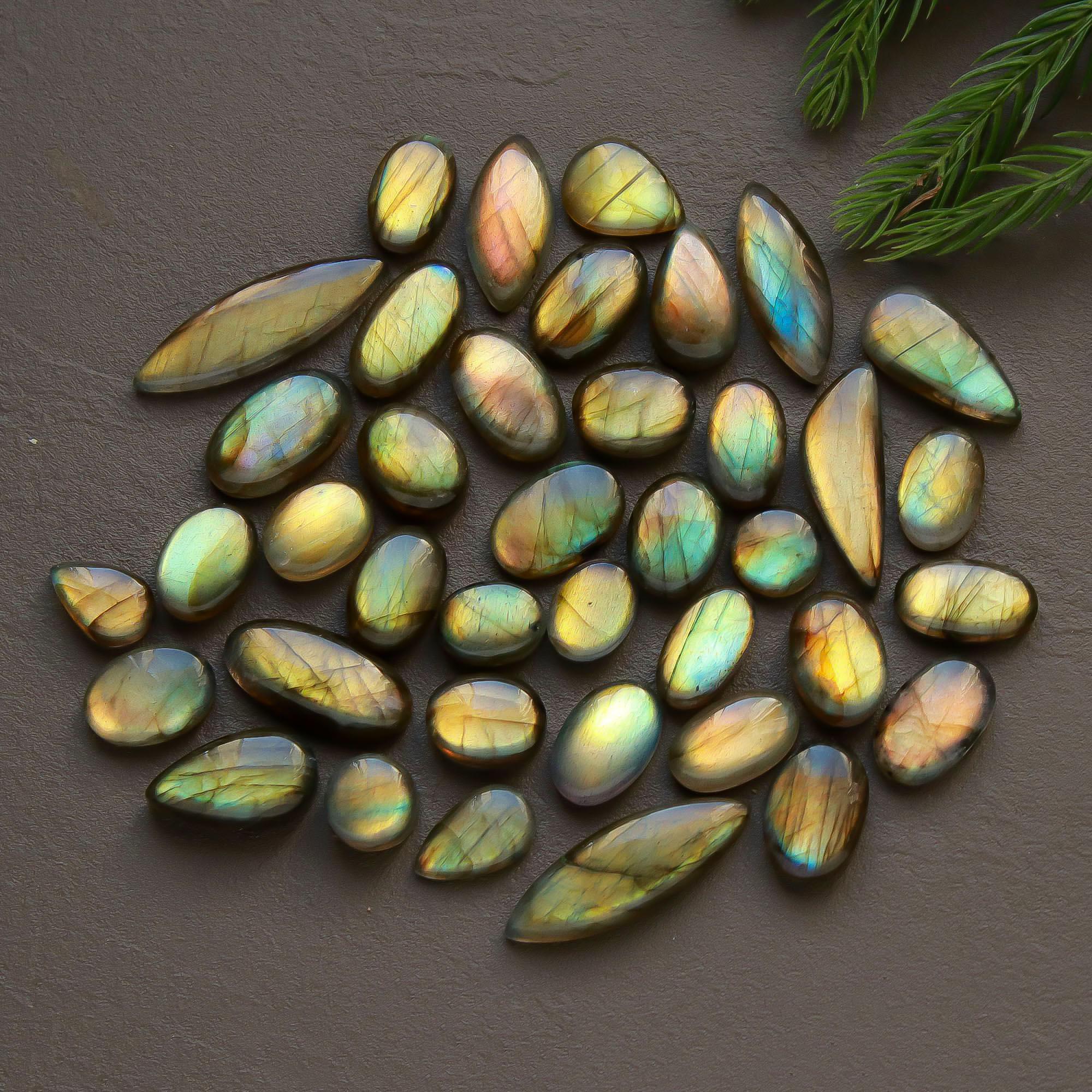 39 Pcs 191 Cts  Natural Labradorite Cabochon Loose Gemstone Jewelry Semi-Precious Healing Crystal Lots 10x7-28x8mm 13318