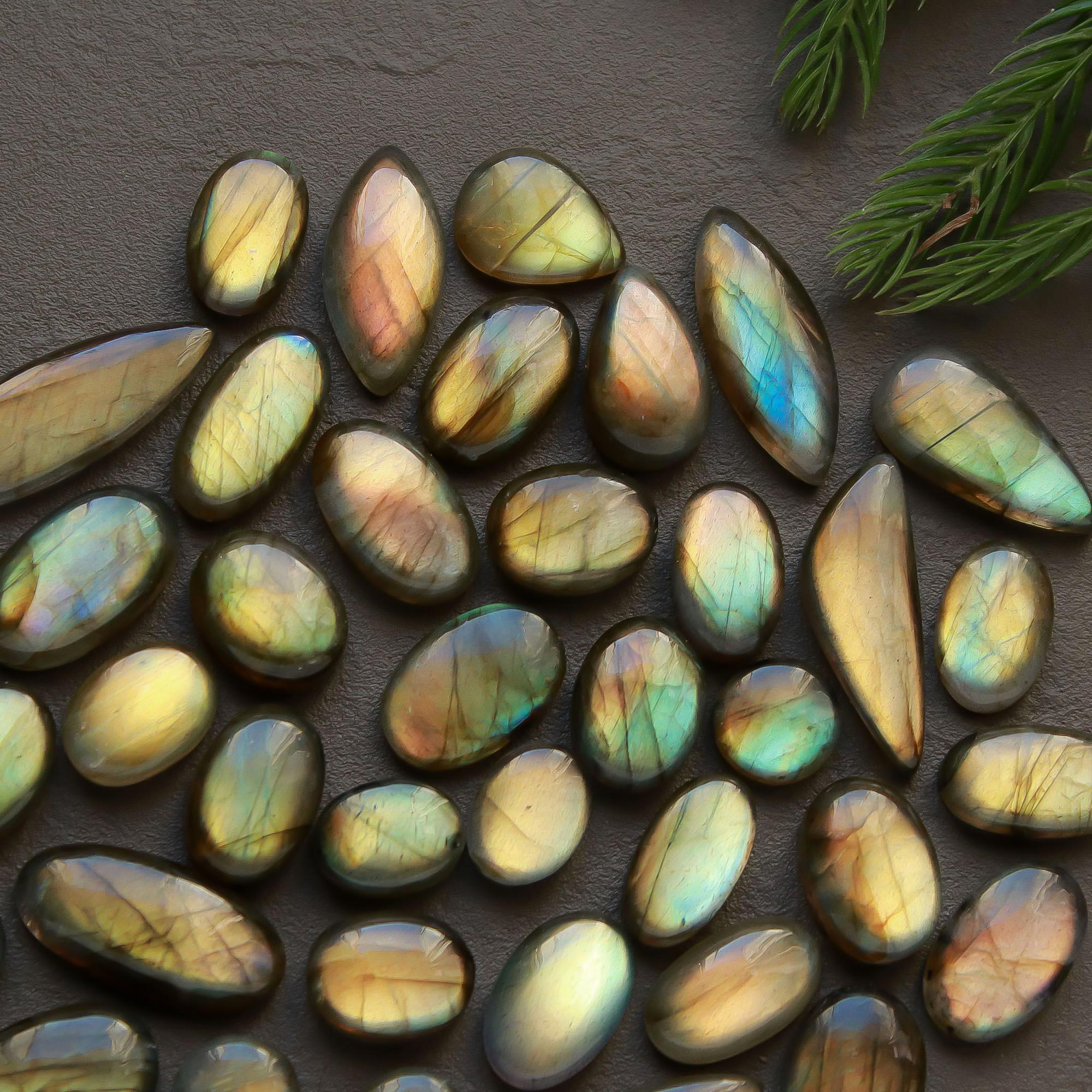 39 Pcs 191 Cts  Natural Labradorite Cabochon Loose Gemstone Jewelry Semi-Precious Healing Crystal Lots 10x7-28x8mm 13318