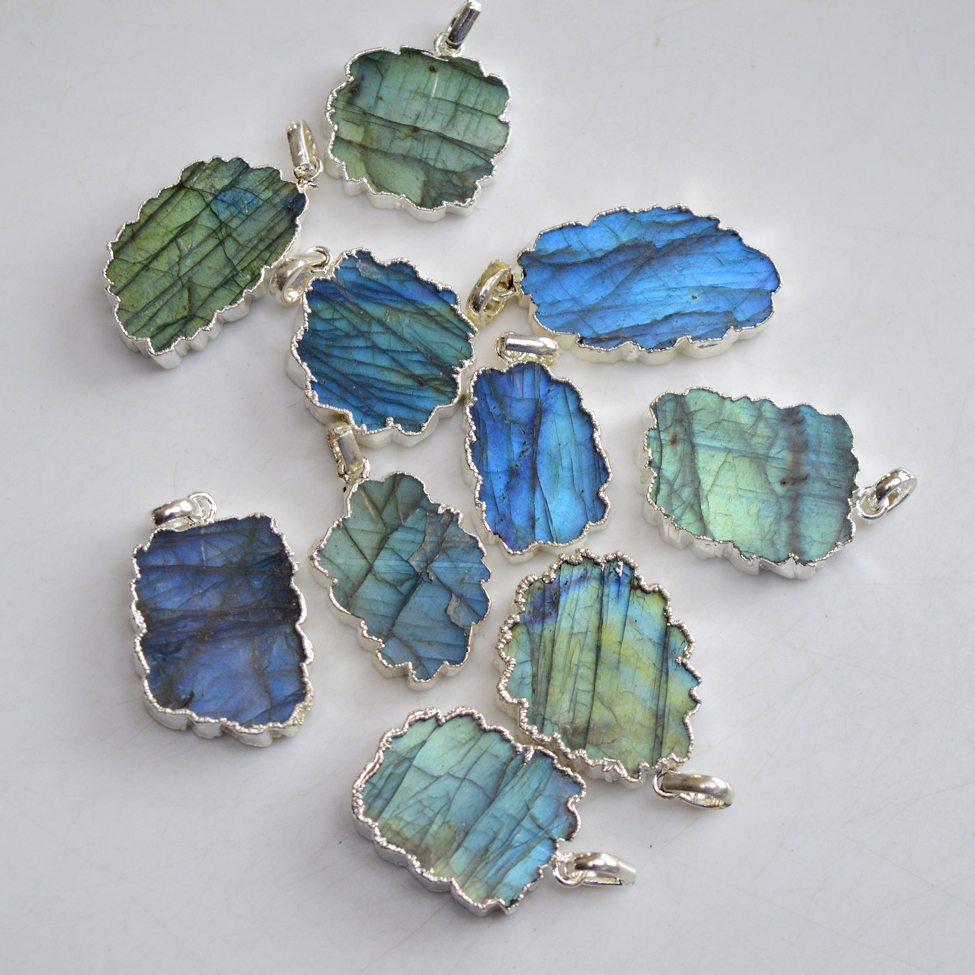 10 Pcs 401 Cts Natural Labradorite Silver Electroplated Slice Pendants 29x19-25x18mmR-13378