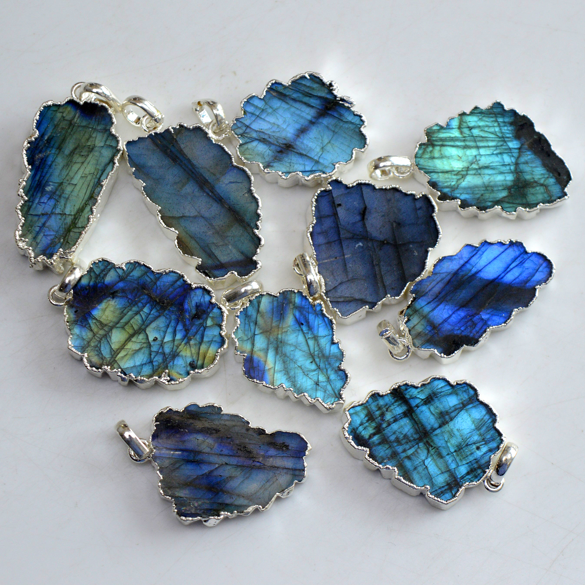 10 Pcs 395 Cts Natural Labradorite Silver Electroplated Slice Pendants 35x19-26x20mm R-13380