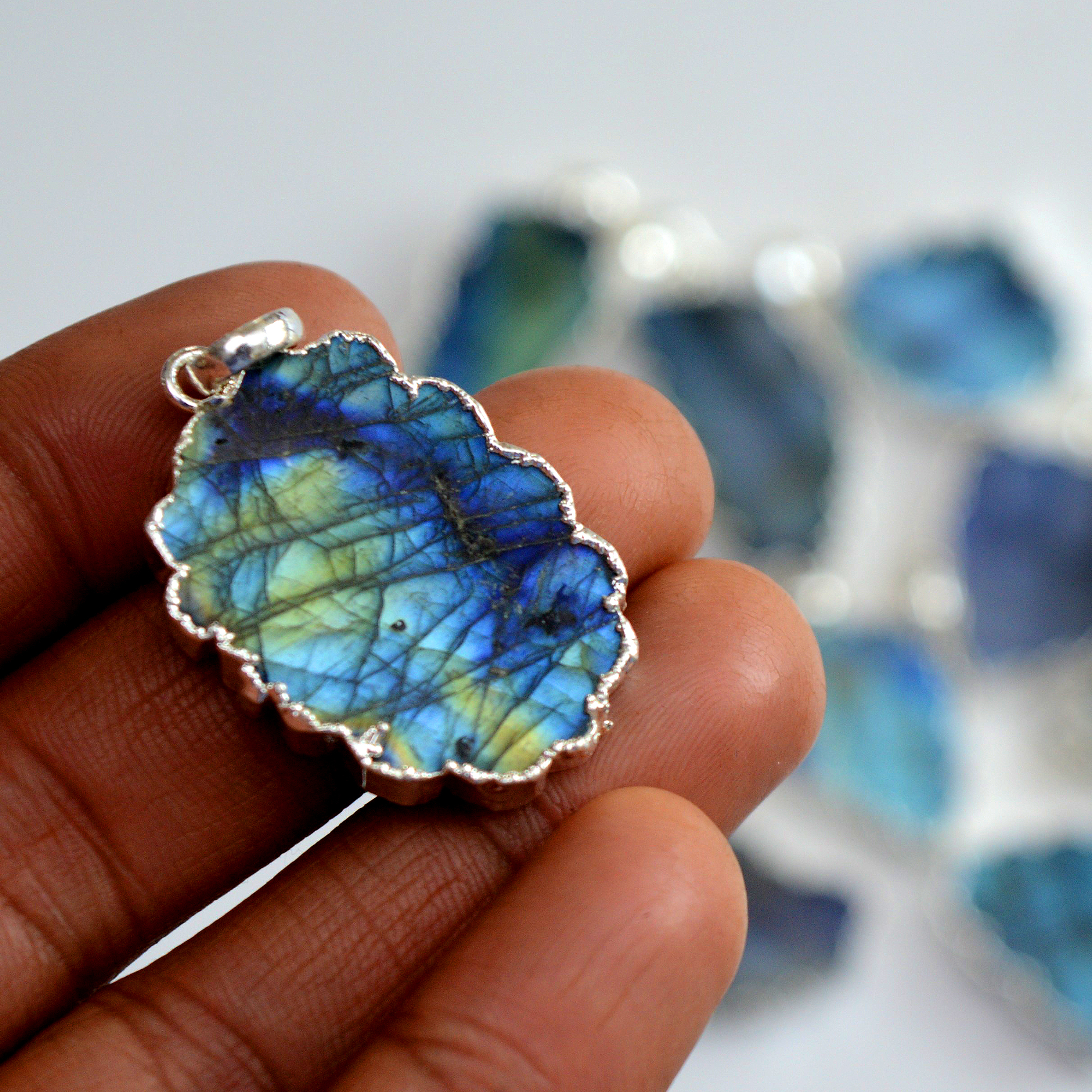 10 Pcs 395 Cts Natural Labradorite Silver Electroplated Slice Pendants 35x19-26x20mm R-13380