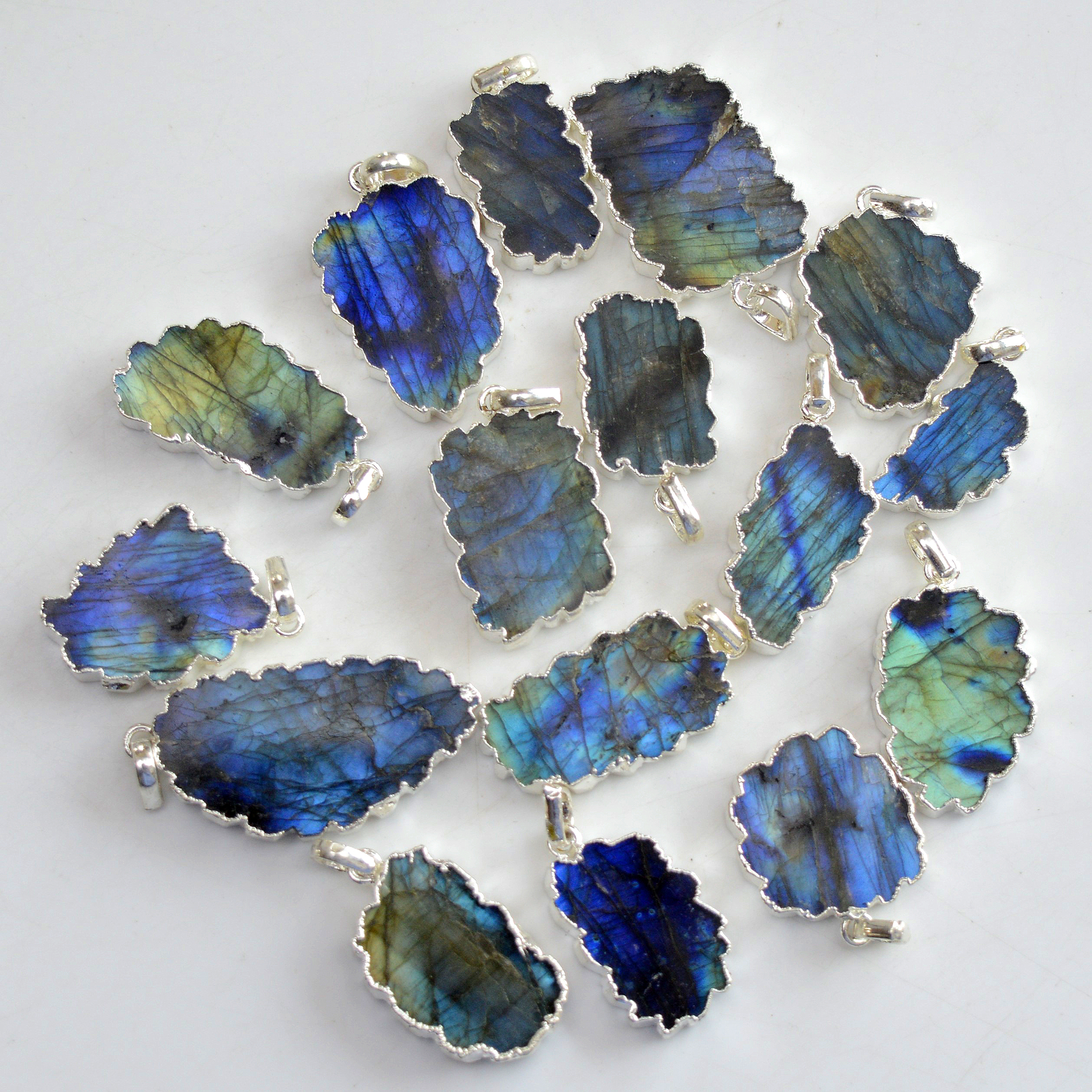 10 Pcs 622 Cts Natural Labradorite Silver Electroplated Slice Pendants 40x21-23x13mm R-13382
