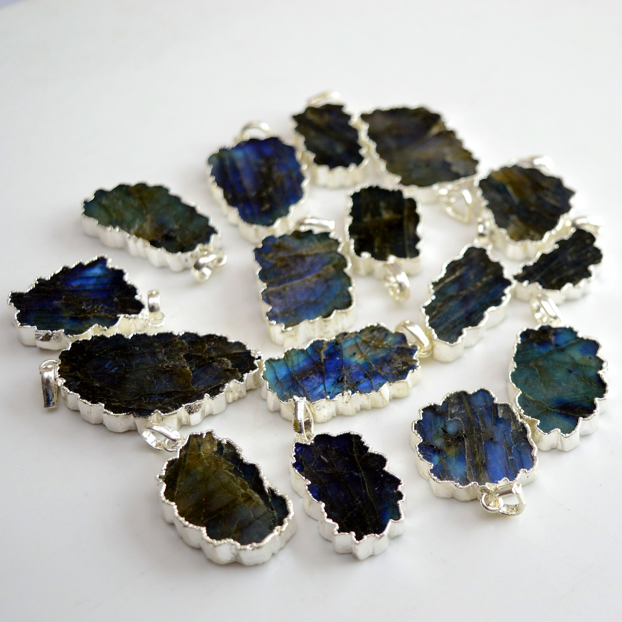 10 Pcs 622 Cts Natural Labradorite Silver Electroplated Slice Pendants 40x21-23x13mm R-13382
