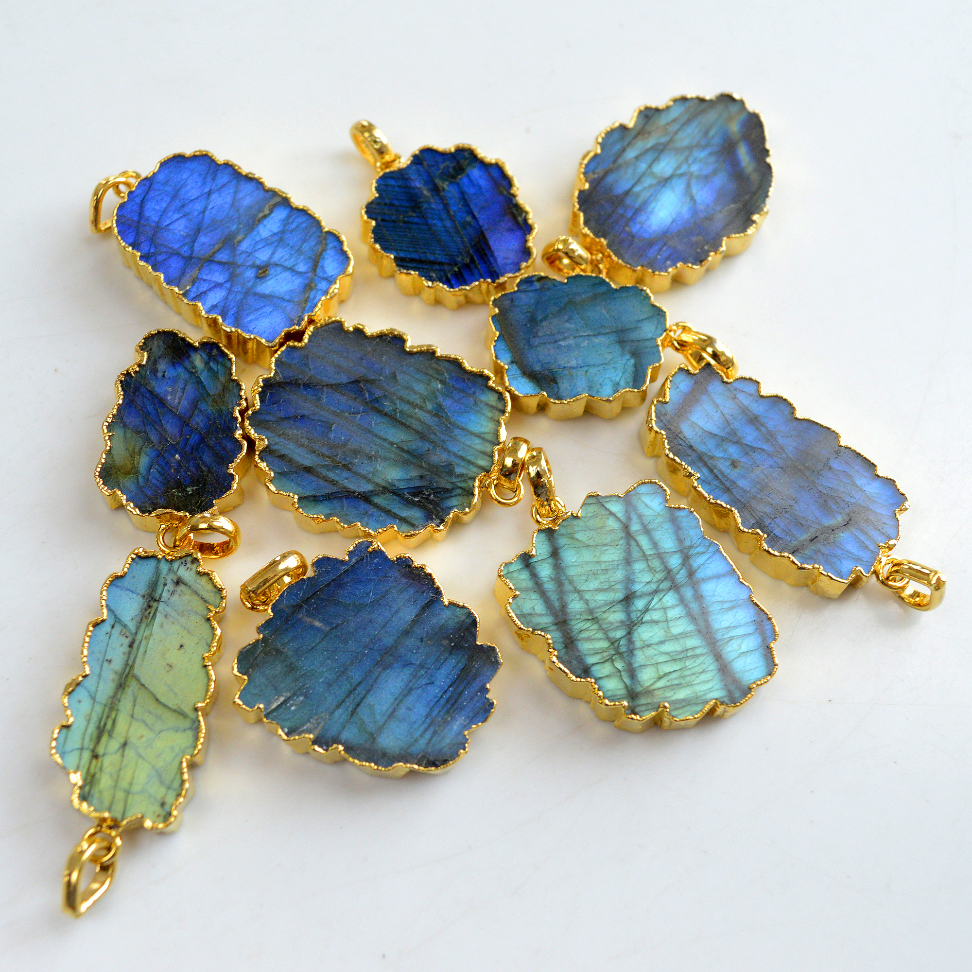 10 Pcs 409 Cts Natural Labradorite Gold Electro Plated Pendant Lot 31x26-22x17mm R-13413