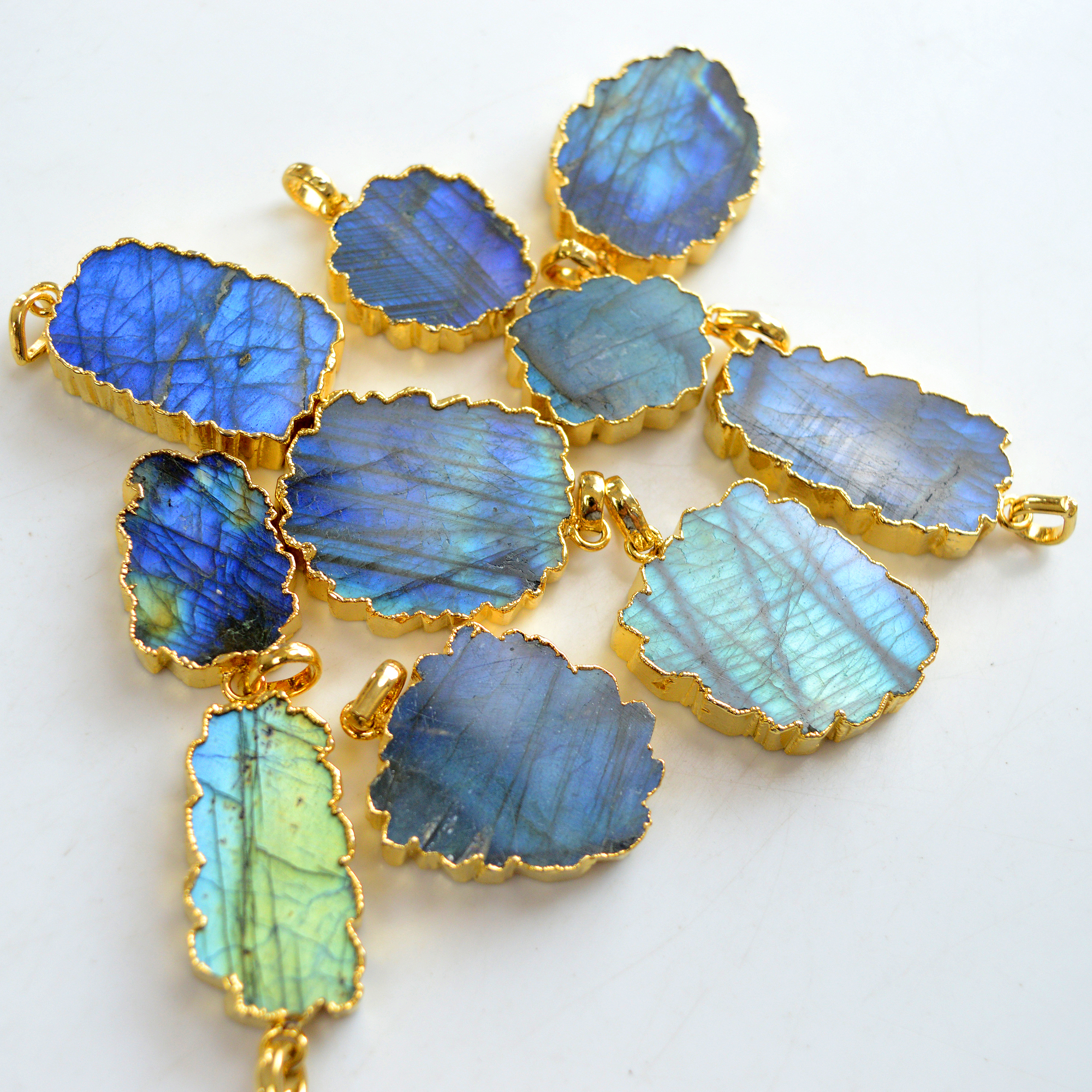 10 Pcs 409 Cts Natural Labradorite Gold Electro Plated Pendant Lot 31x26-22x17mm R-13413