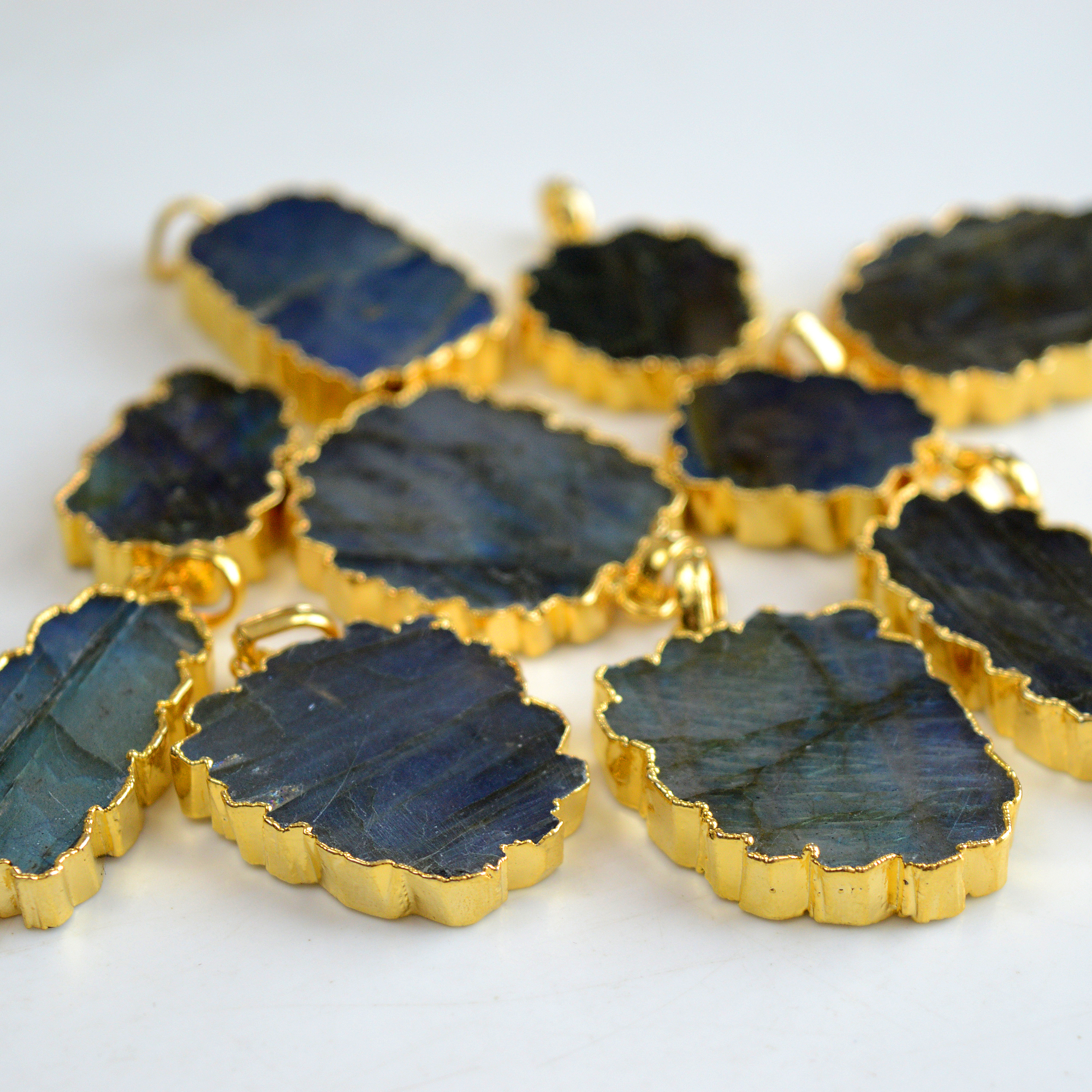 10 Pcs 409 Cts Natural Labradorite Gold Electro Plated Pendant Lot 31x26-22x17mm R-13413