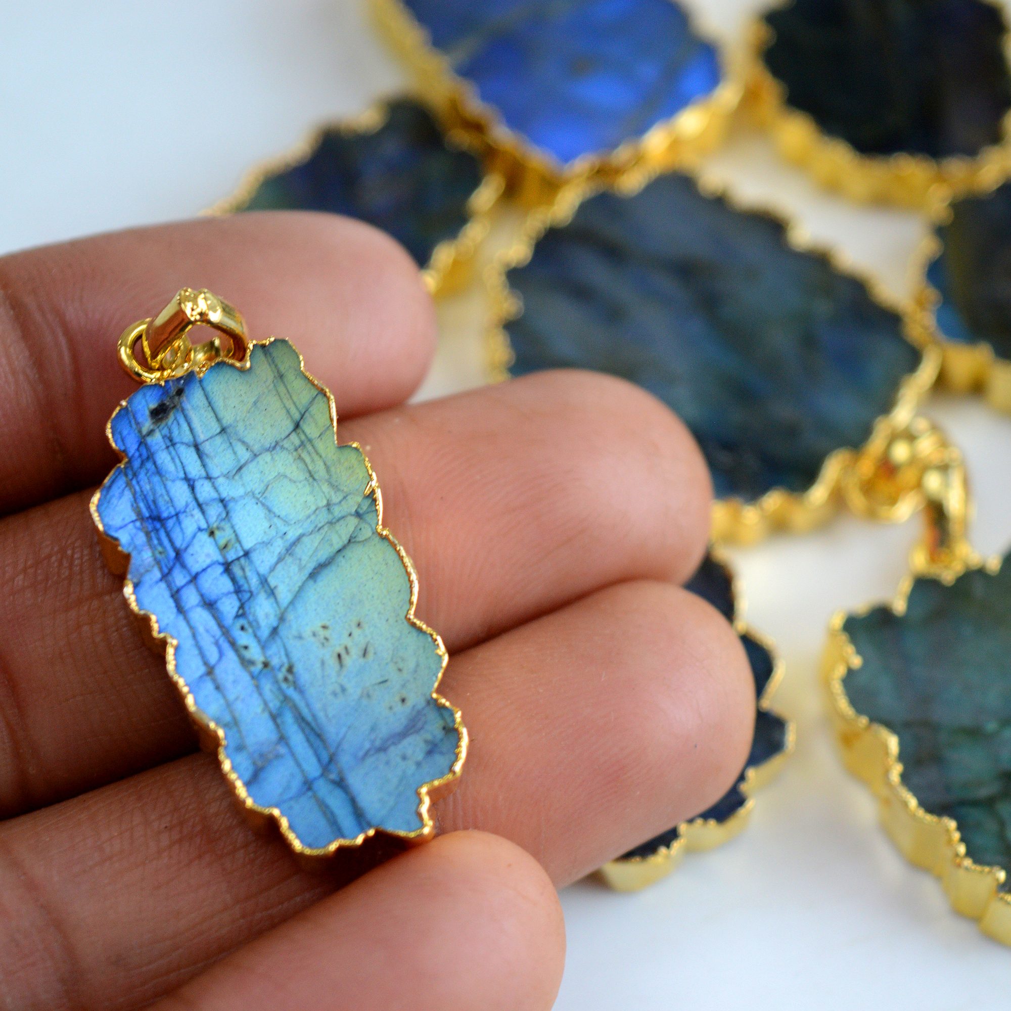 10 Pcs 409 Cts Natural Labradorite Gold Electro Plated Pendant Lot 31x26-22x17mm R-13413