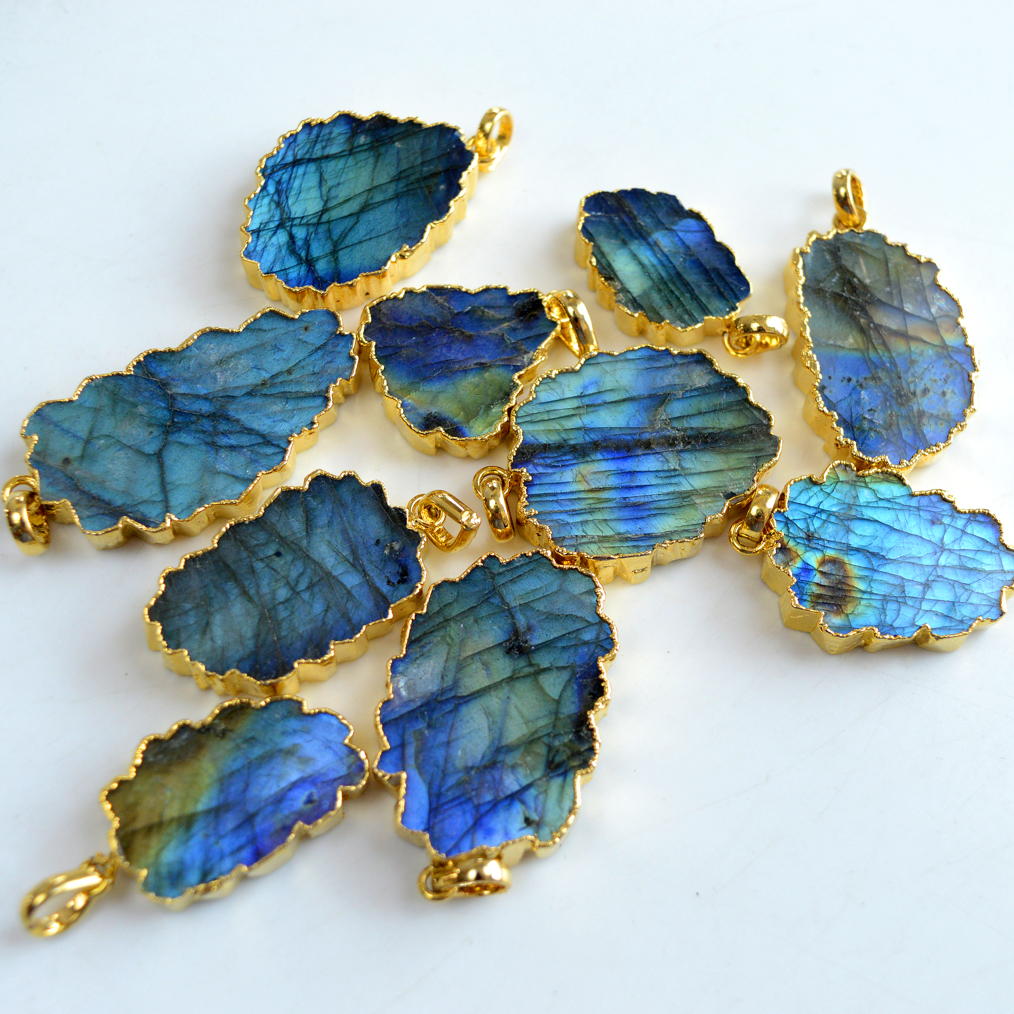 10 Pcs 401 Cts Natural Labradorite Gold Electro Plated Pendant Lot 39x21-22x16mm R-13414
