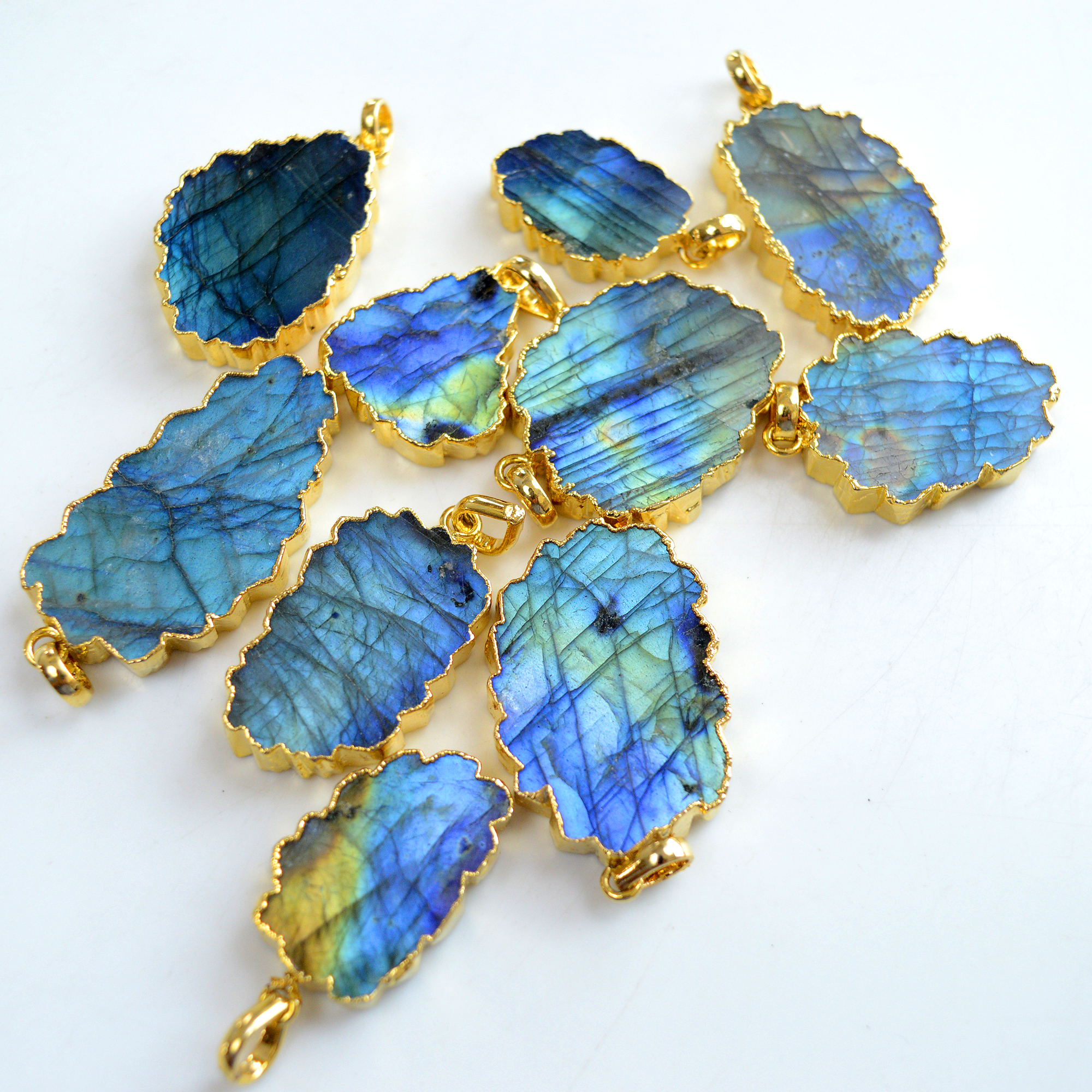 10 Pcs 401 Cts Natural Labradorite Gold Electro Plated Pendant Lot 39x21-22x16mm R-13414