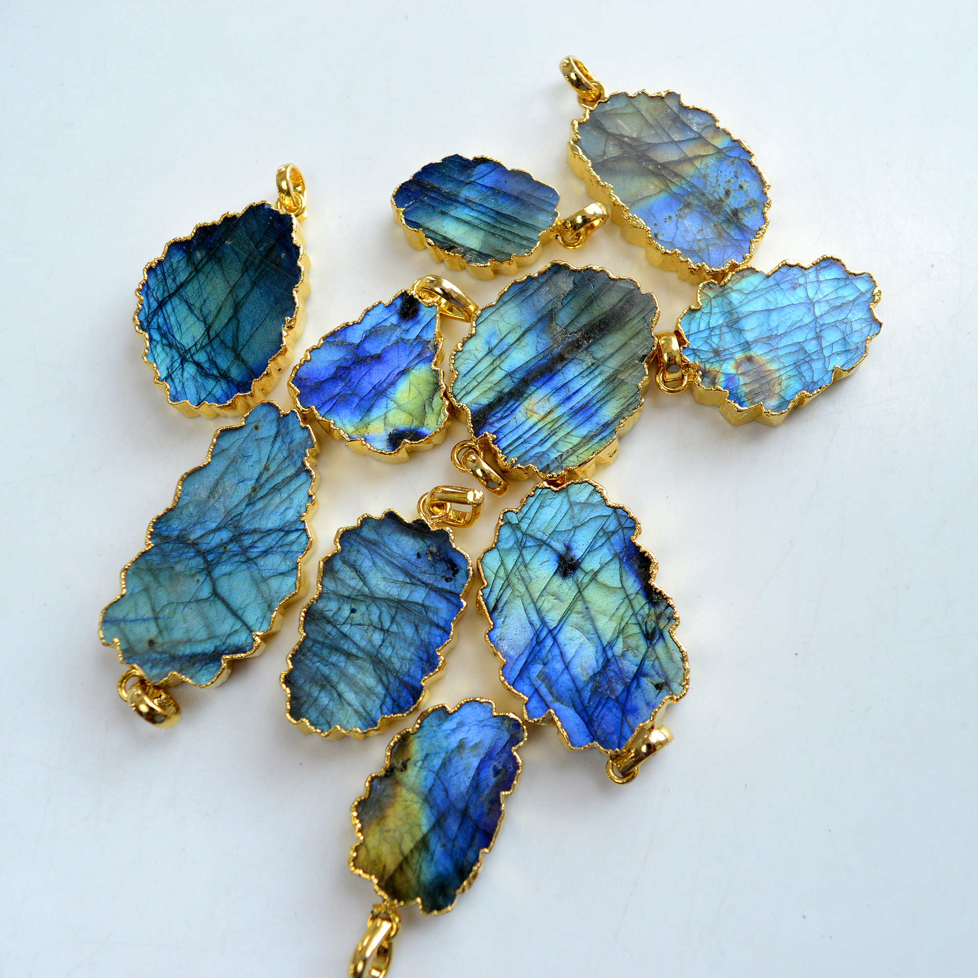10 Pcs 401 Cts Natural Labradorite Gold Electro Plated Pendant Lot 39x21-22x16mm R-13414