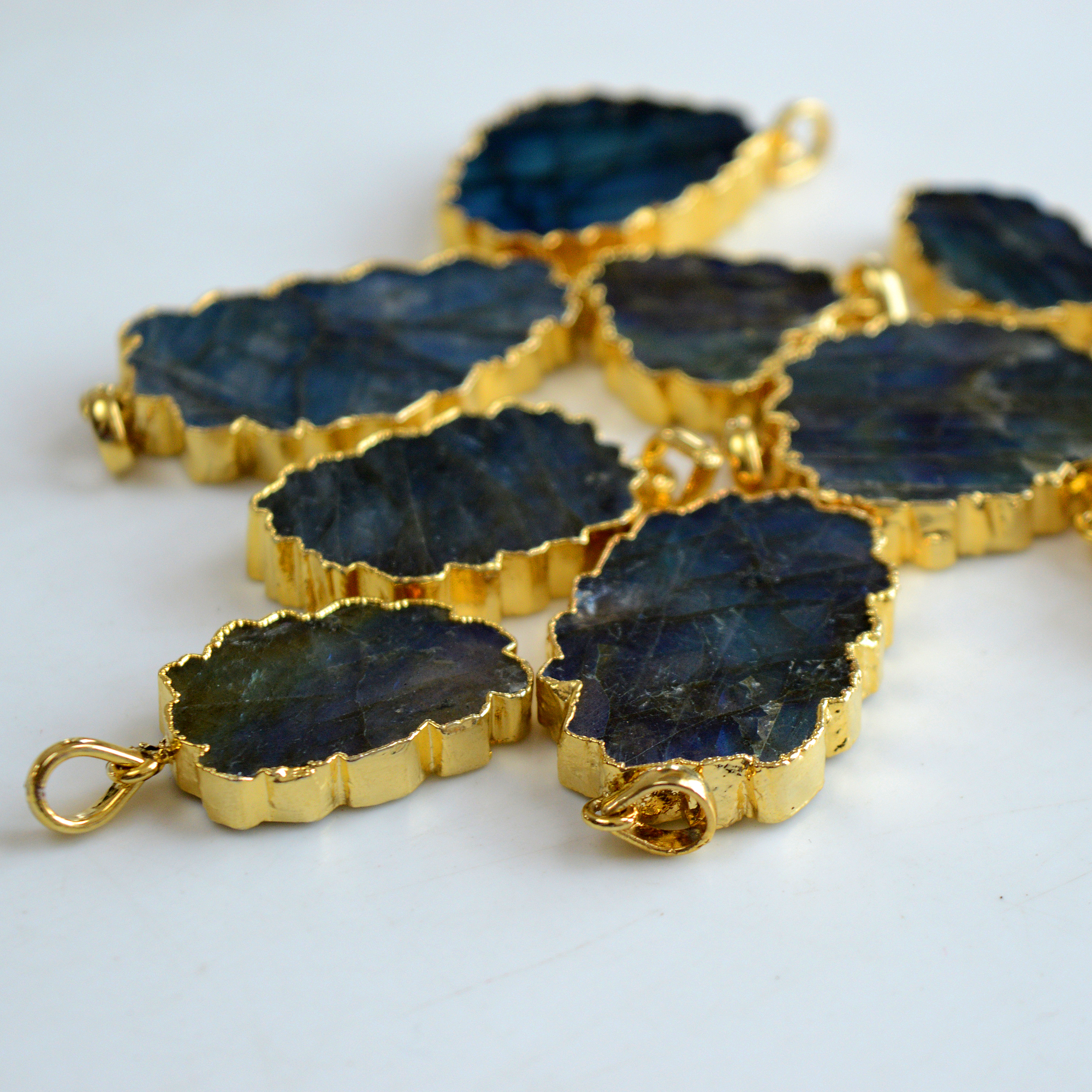 10 Pcs 401 Cts Natural Labradorite Gold Electro Plated Pendant Lot 39x21-22x16mm R-13414