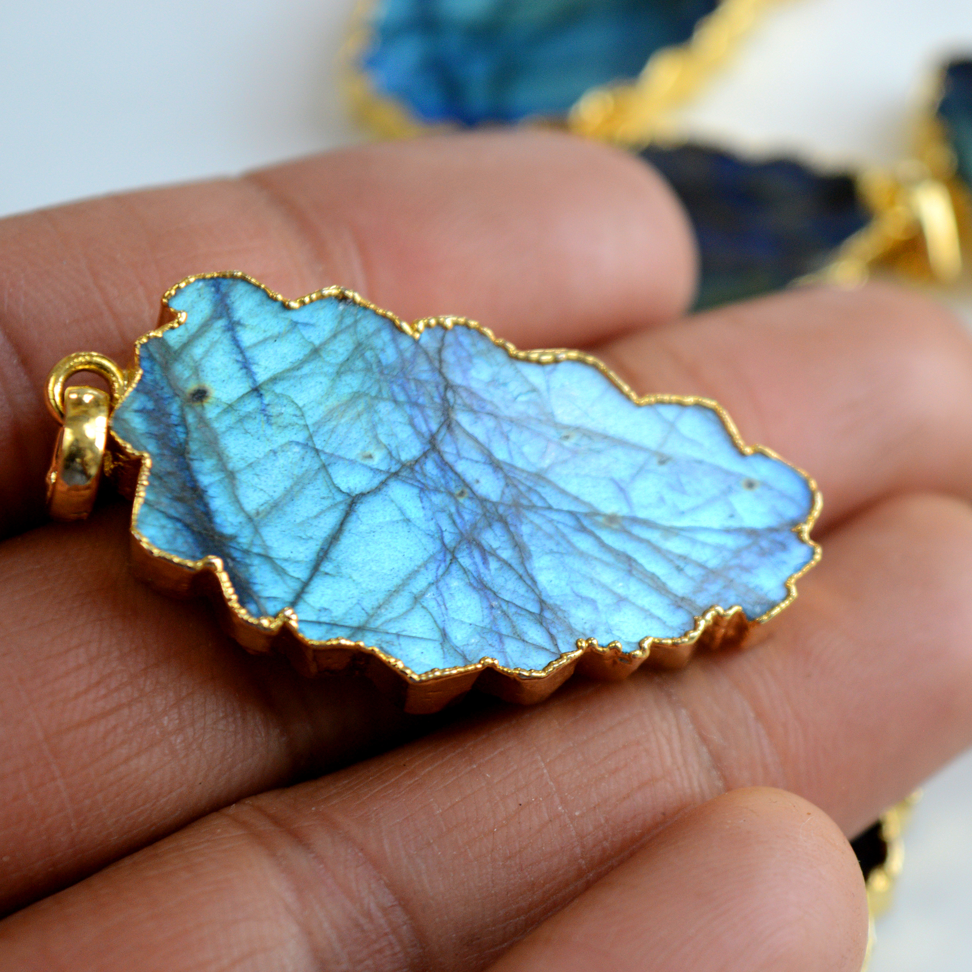 10 Pcs 401 Cts Natural Labradorite Gold Electro Plated Pendant Lot 39x21-22x16mm R-13414