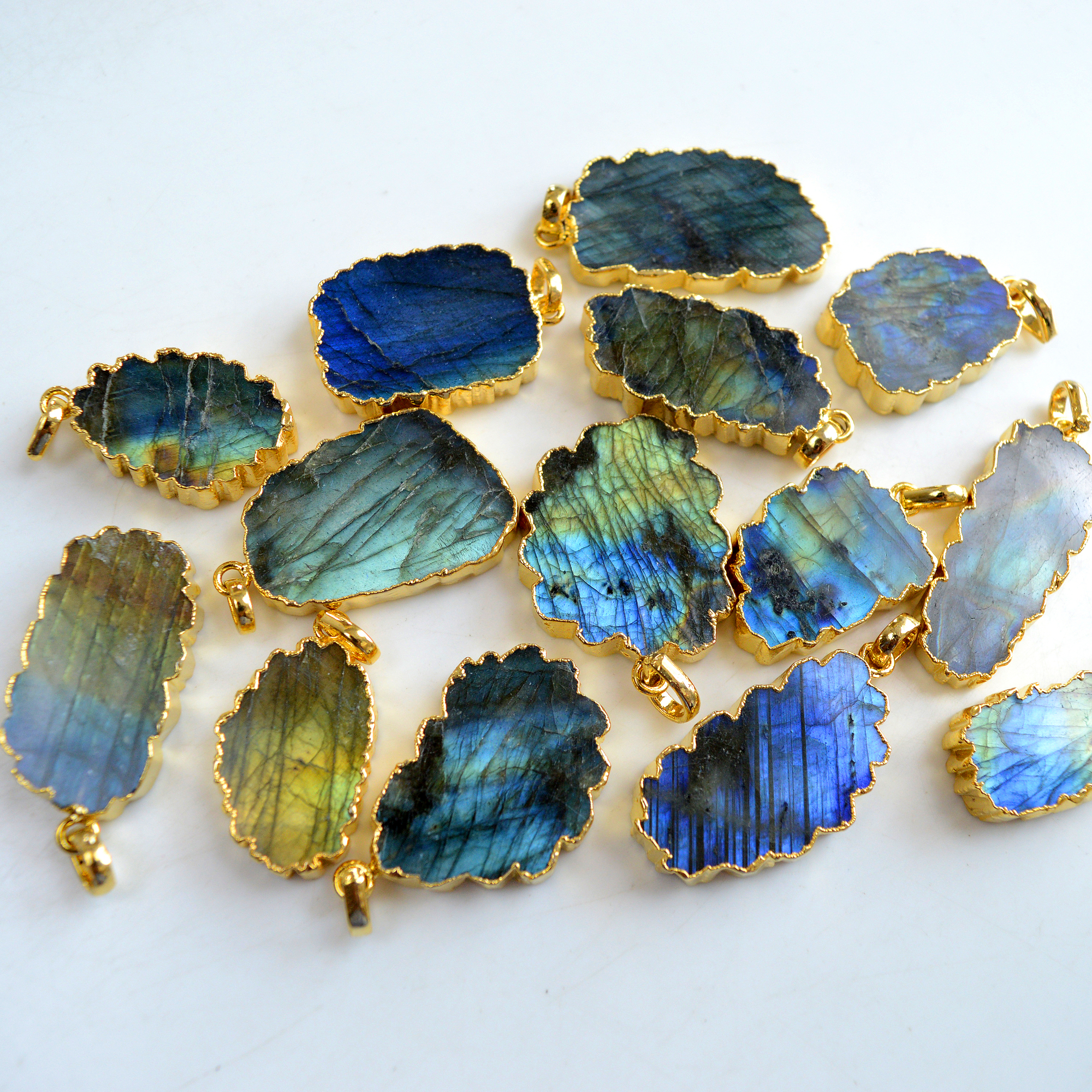 14 Pcs 510 Cts Natural Labradorite Gold Electro Plated Pendant Lot 35x20-26x17mm R-13415