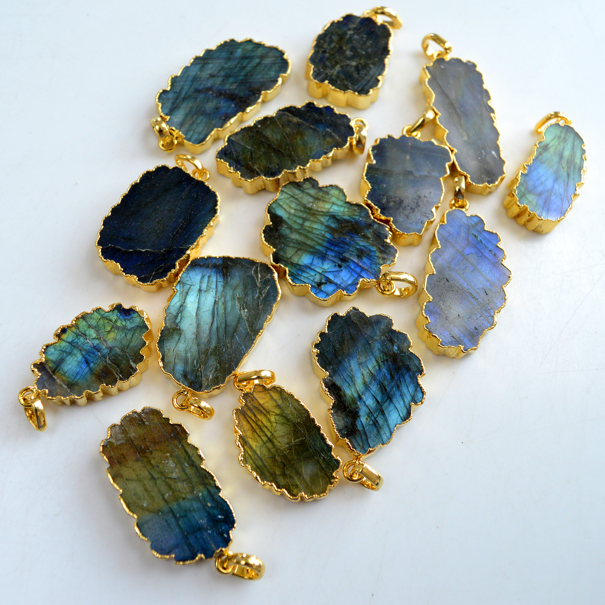 14 Pcs 510 Cts Natural Labradorite Gold Electro Plated Pendant Lot 35x20-26x17mm R-13415
