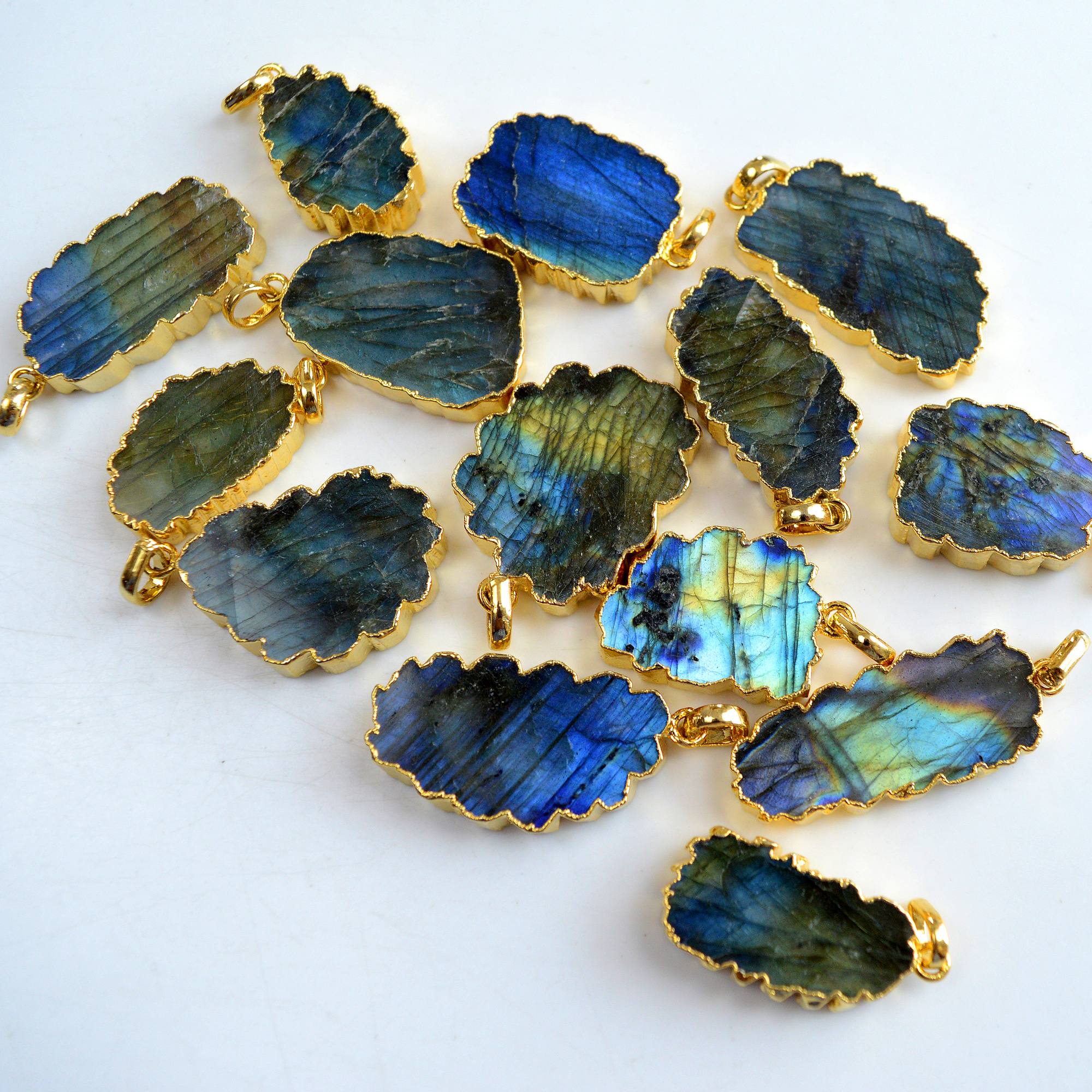 14 Pcs 510 Cts Natural Labradorite Gold Electro Plated Pendant Lot 35x20-26x17mm R-13415