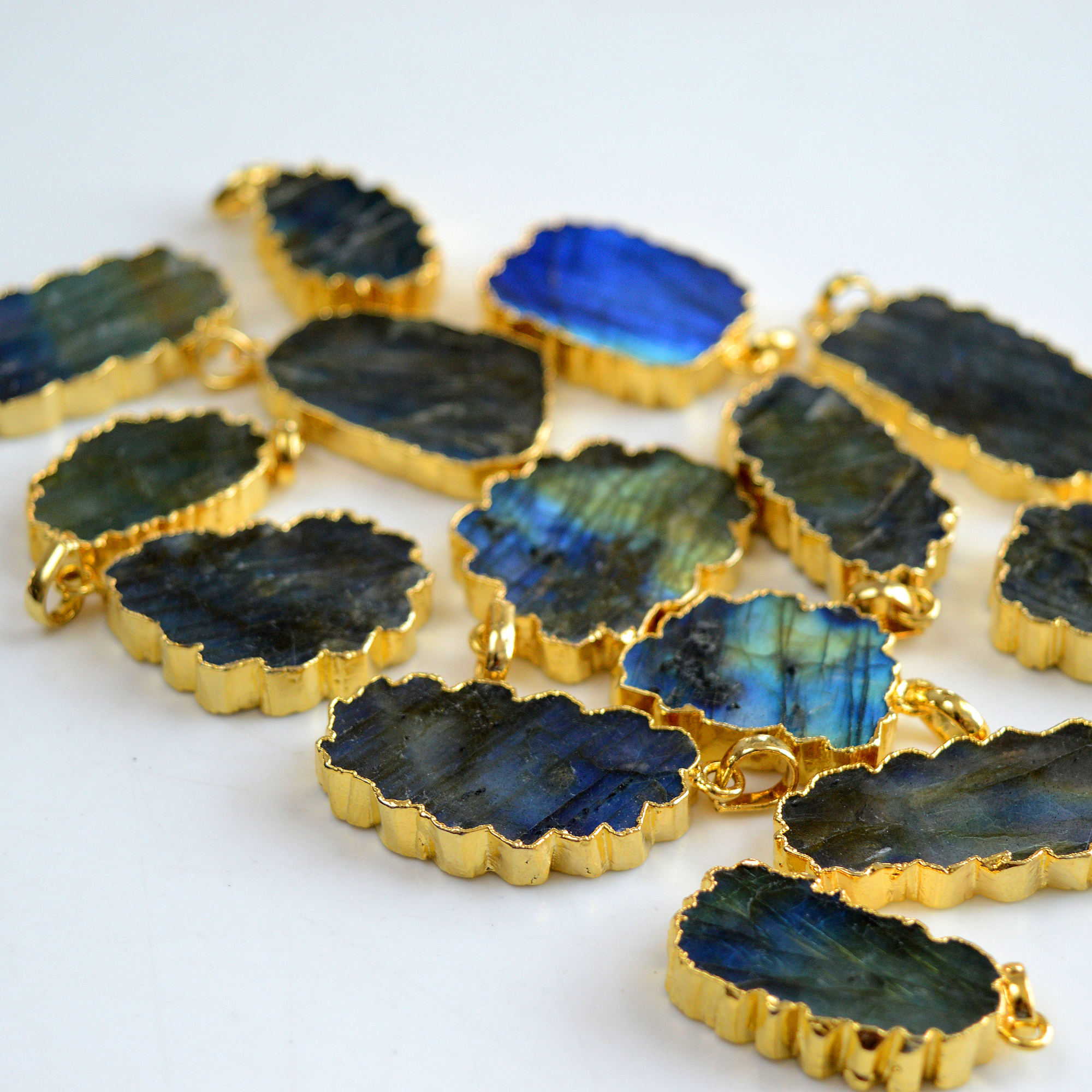 14 Pcs 510 Cts Natural Labradorite Gold Electro Plated Pendant Lot 35x20-26x17mm R-13415