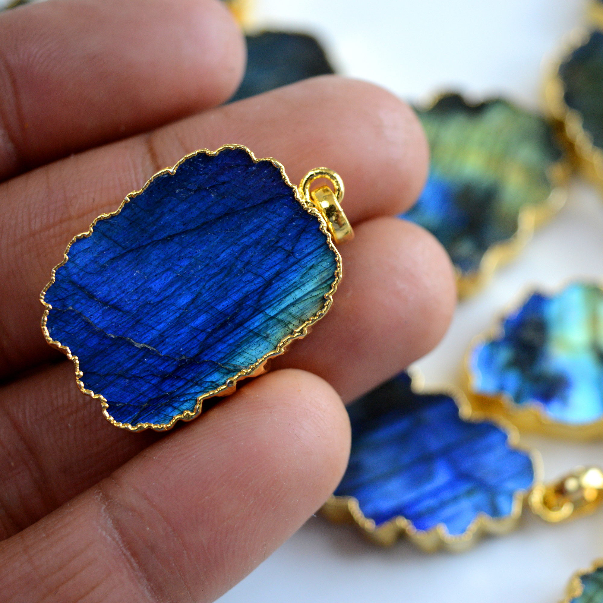14 Pcs 510 Cts Natural Labradorite Gold Electro Plated Pendant Lot 35x20-26x17mm R-13415