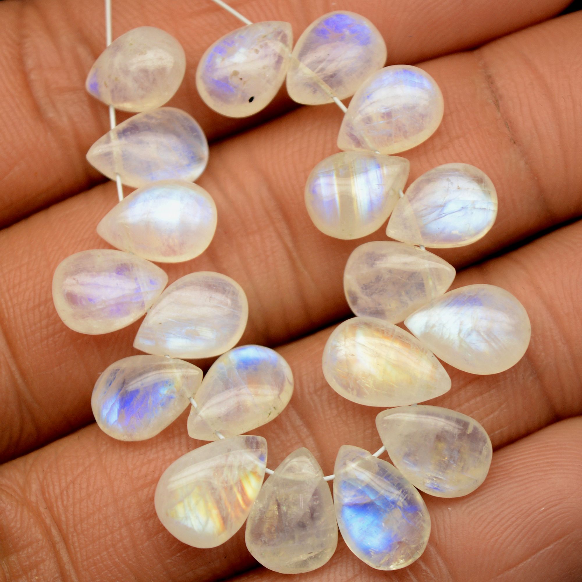 19 Pcs 47 Cts Natural Rainbow Moonstone Teadrop Briolettes Side Drill Loose Gemstone Beads For Jewelry Making 9x6-10x7mm R-13536