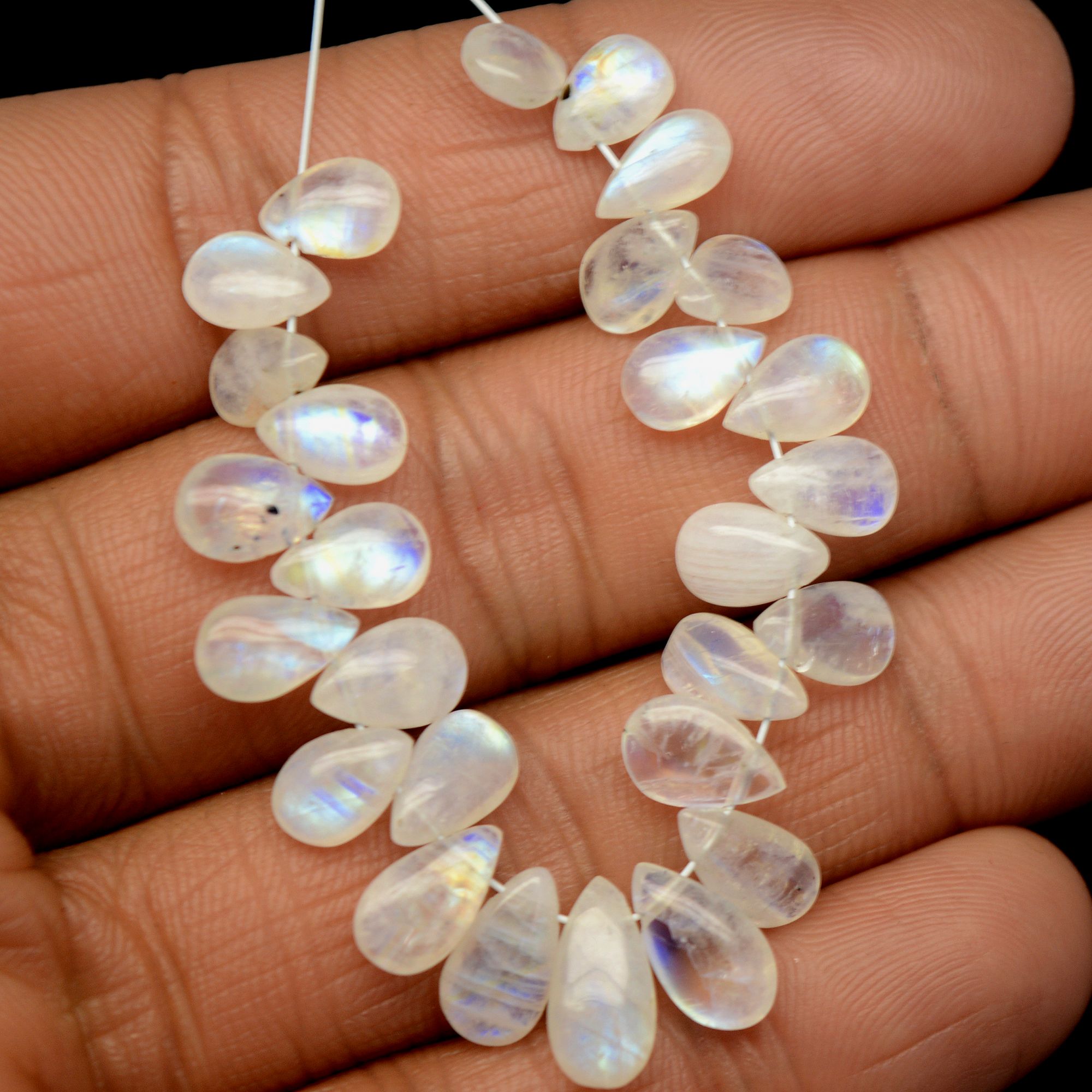 28 Pcs 34 Cts Natural Rainbow Moonstone Teadrop Briolettes Side Drill Loose Gemstone Beads For Jewelry Making 6x4-10x5mm R-13537