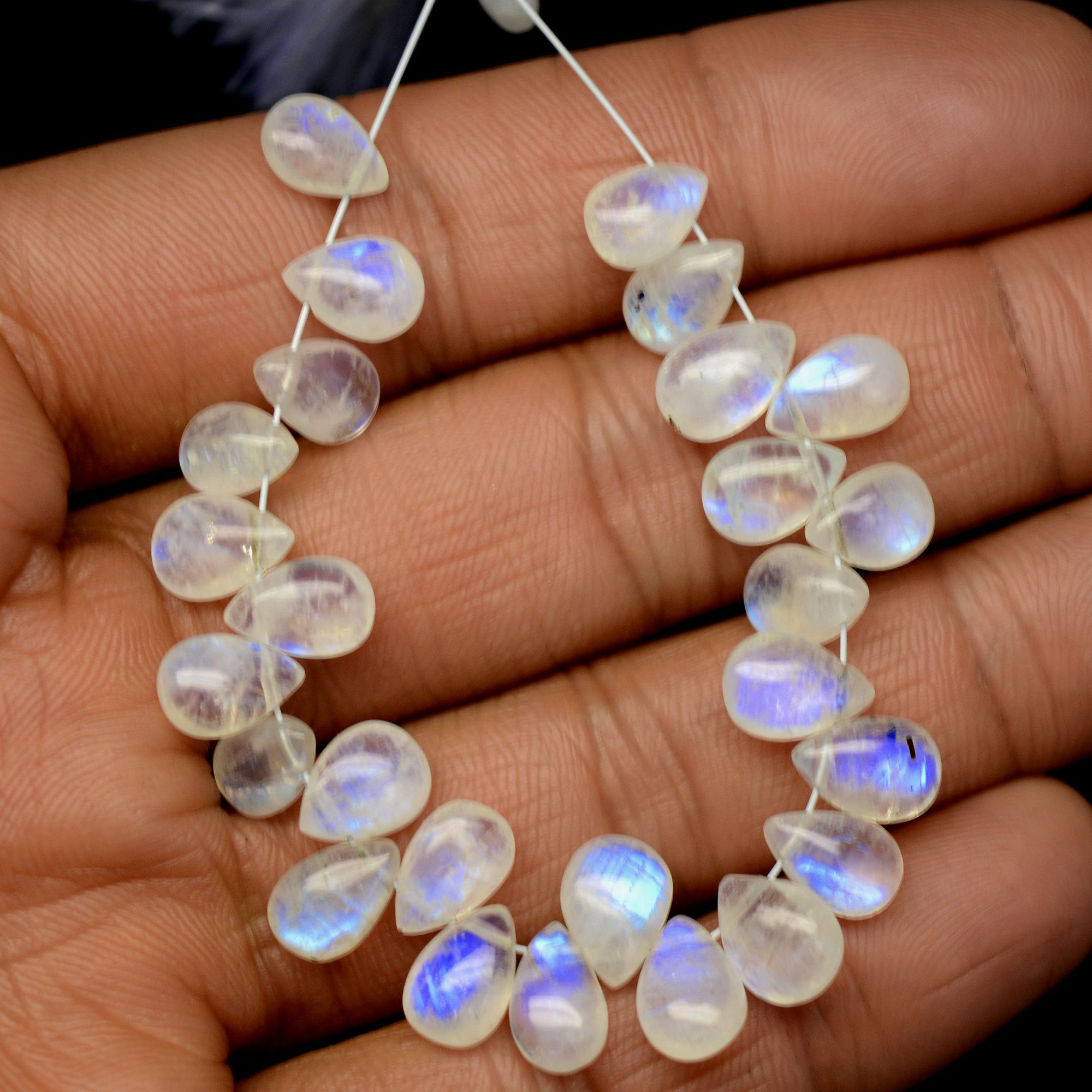 27 Pcs 50 Cts Natural Rainbow Moonstone Teadrop Briolettes Side Drill Loose Gemstone Beads For Jewelry Making 8x5-9x6mm R-13539
