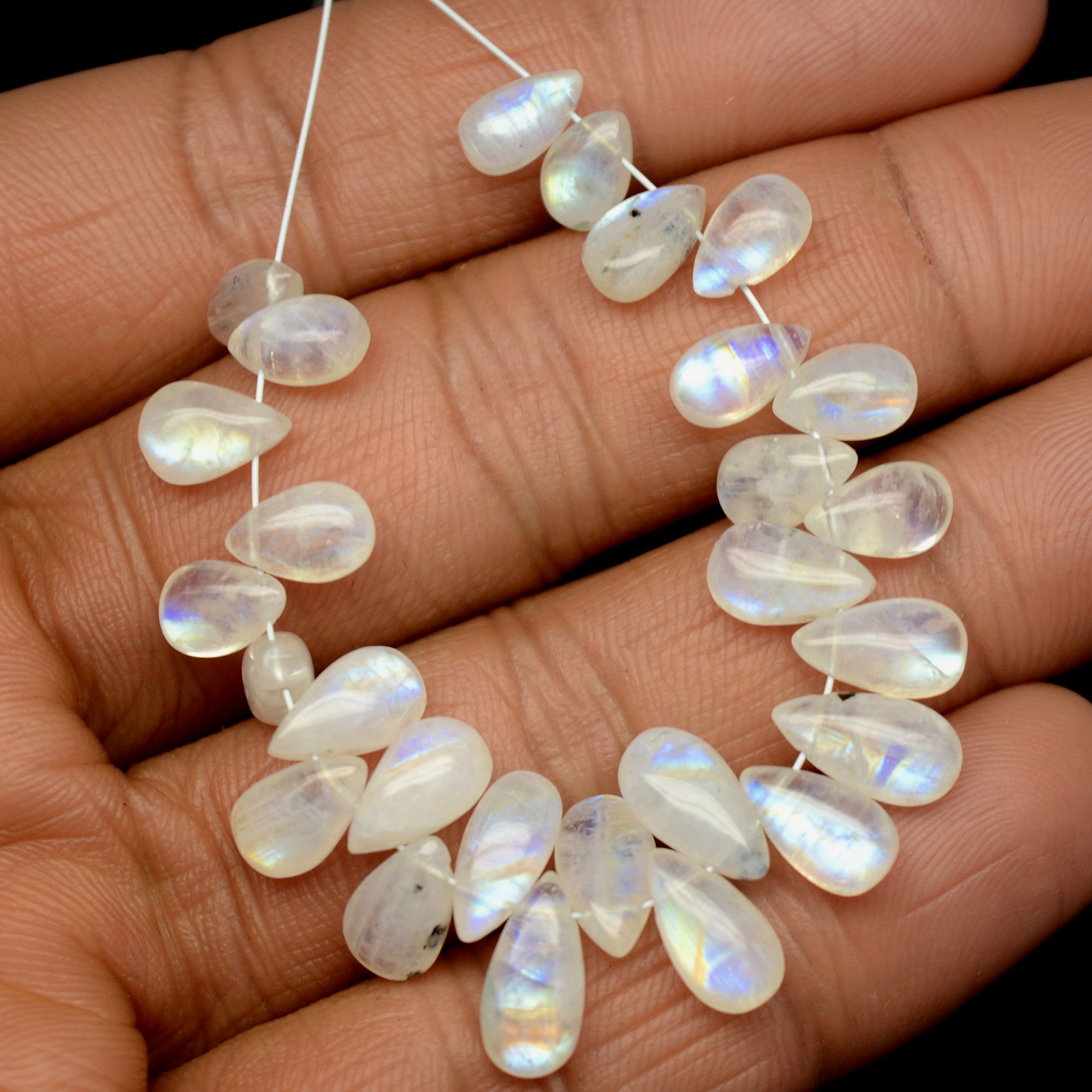 27 Pcs 43 Cts Natural Rainbow Moonstone Teadrop Briolettes Side Drill Loose Gemstone Beads For Jewelry Making 7x4-10x5mm R-13540