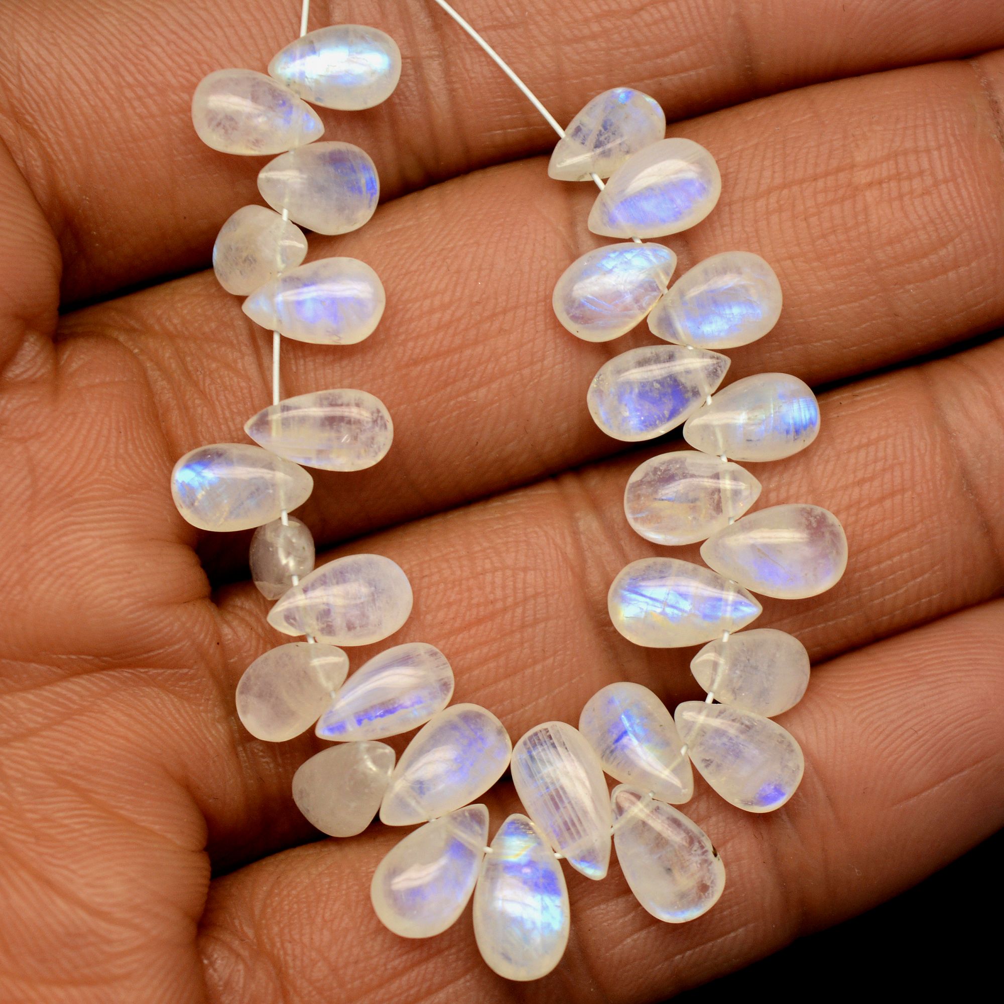 29 Pcs 39 Cts Natural Rainbow Moonstone Teadrop Briolettes Blue Flash Side Drill Loose Gemstone Beads Wholesale Lot 8x5-9x5mm R-13541
