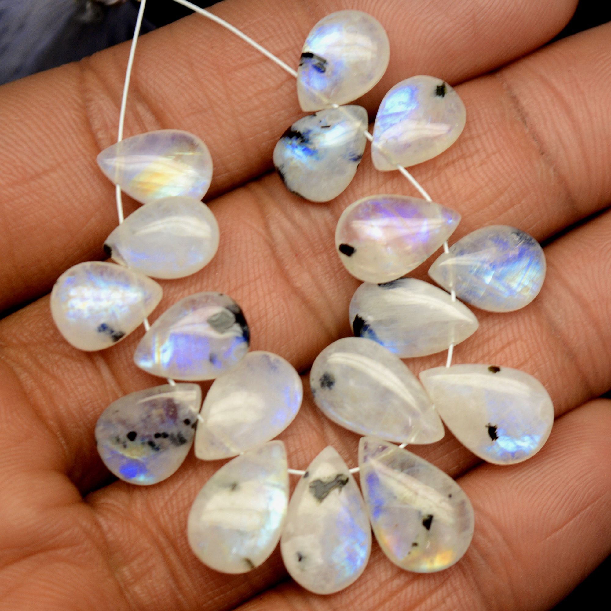 17 Pcs 60 Cts Natural Rainbow Moonstone Teadrop Briolettes Blue Flash Side Drill Loose Gemstone Beads Wholesale Lot 10x8-14x8mm R-13542