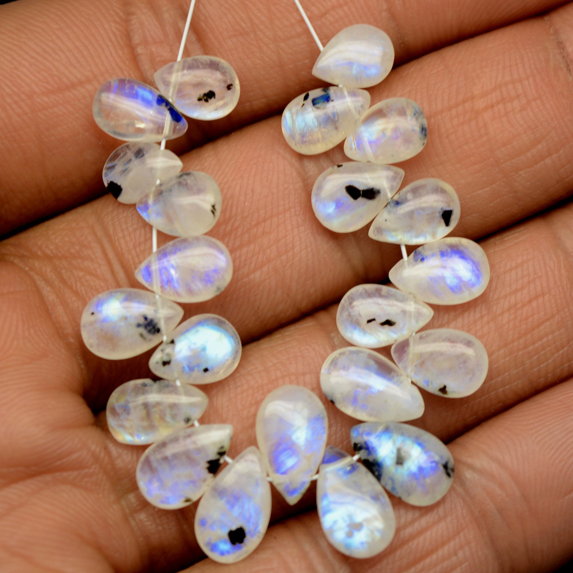 23 Pcs 37 Cts Natural Rainbow Moonstone Teadrop Briolettes Blue Flash Side Drill Loose Gemstone Beads Wholesale Lot 7x5-10x6mm R-13544