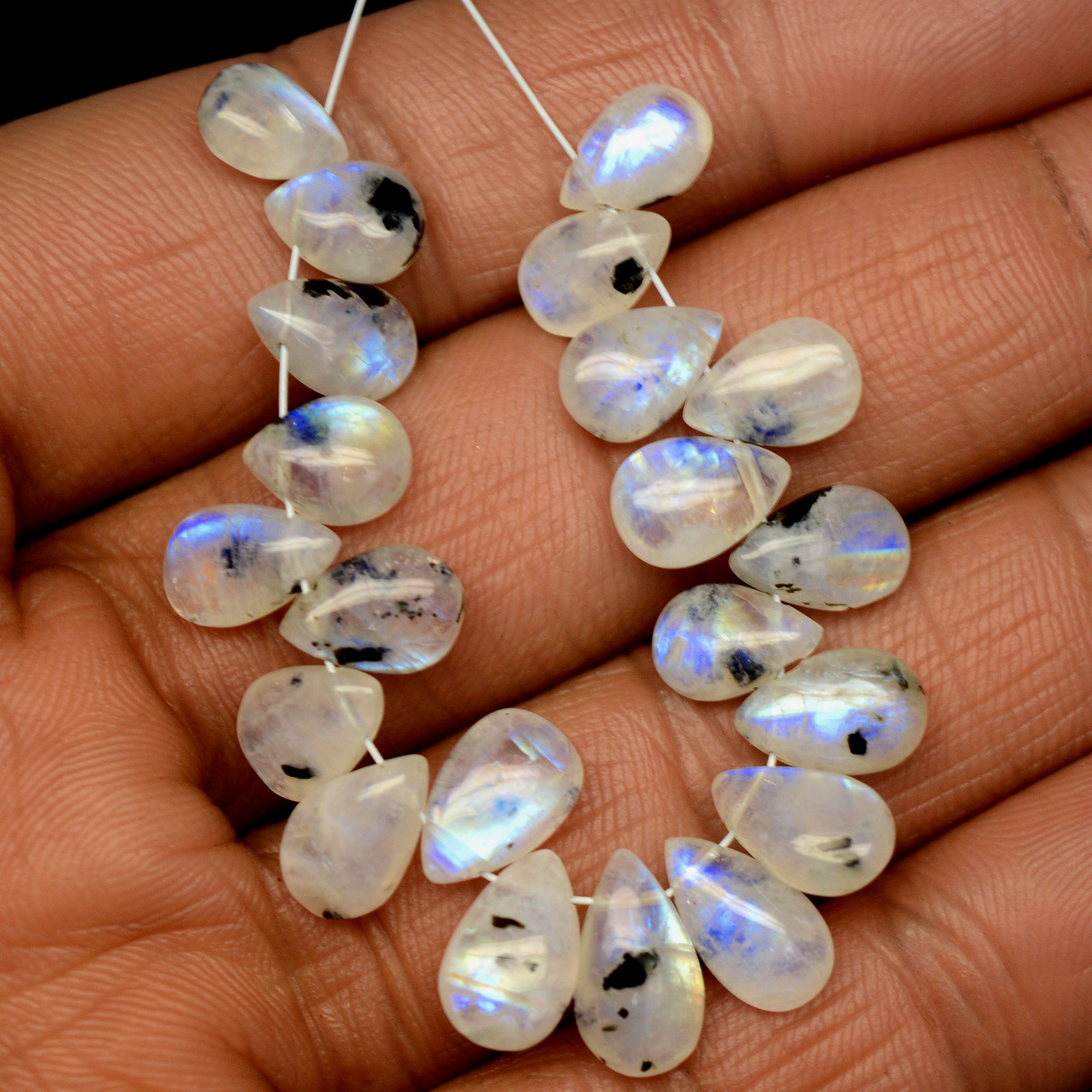 21 Pcs 43 Cts Natural Rainbow Moonstone Teadrop Briolettes Blue Flash Side Drill Loose Gemstone Beads Wholesale Lot 7x5-11x6mm 13545