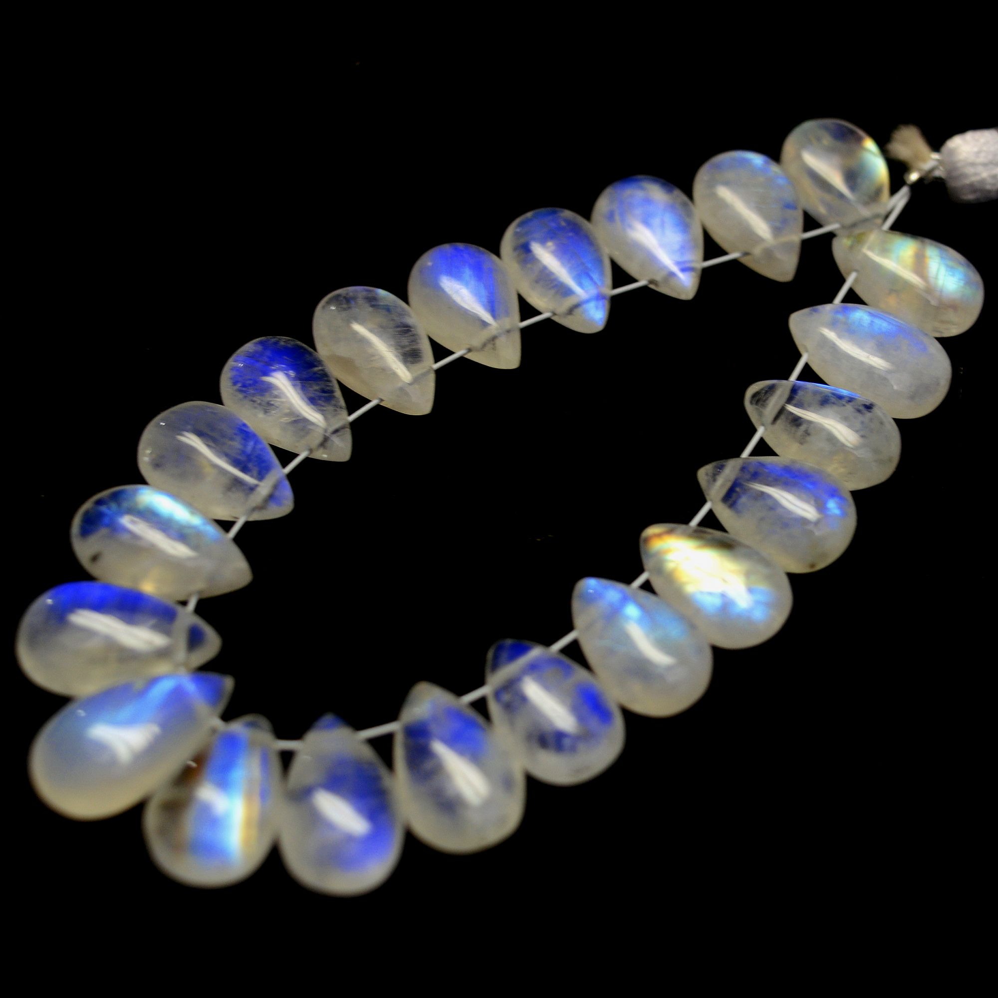 21 Pcs 60 Cts Natural Rainbow Moonstone Teadrop Briolettes Blue Flash Side Drill Loose Gemstone Beads Wholesale Lot 10x6-7x12mm R-13546